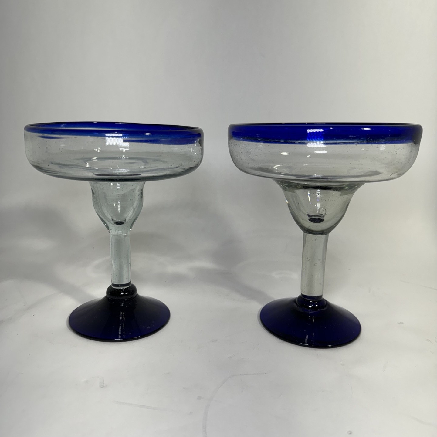 Margarita Glasses Cobalt Blue Rim Mexican Hand Blown Thick Glass Set of 2