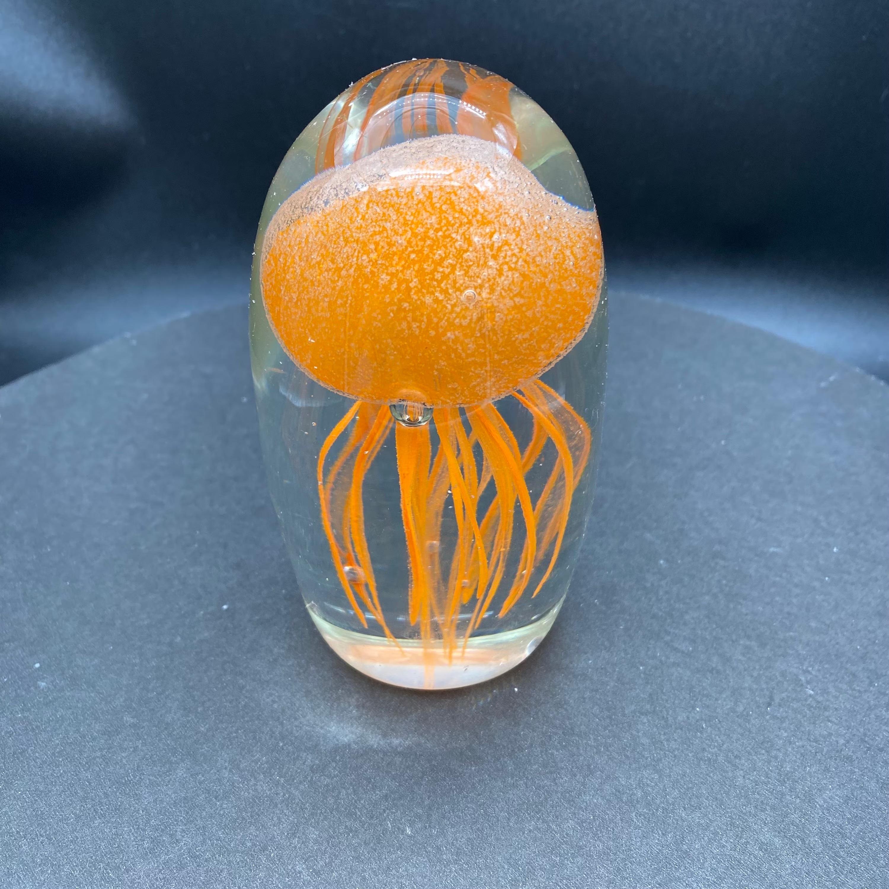39 Glass Paperweight Jellyfish Clear and Orange, UV Glow 5 inch
