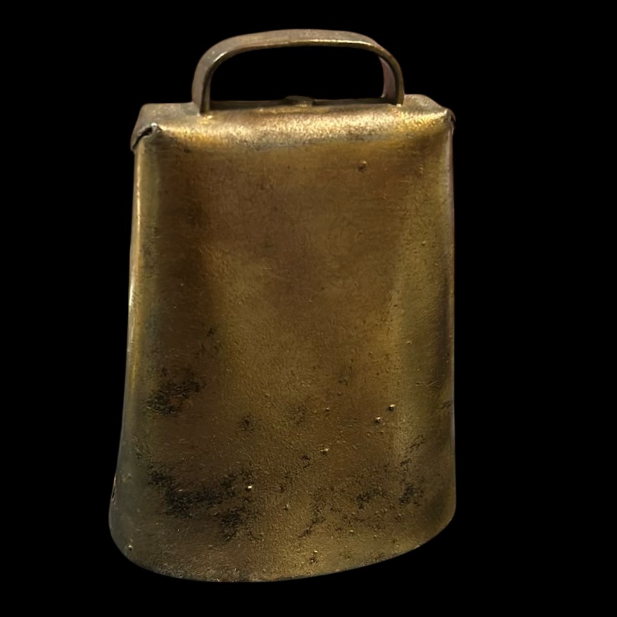 Vintage rustic hand, forged brass cowbell riveted farmhouse style