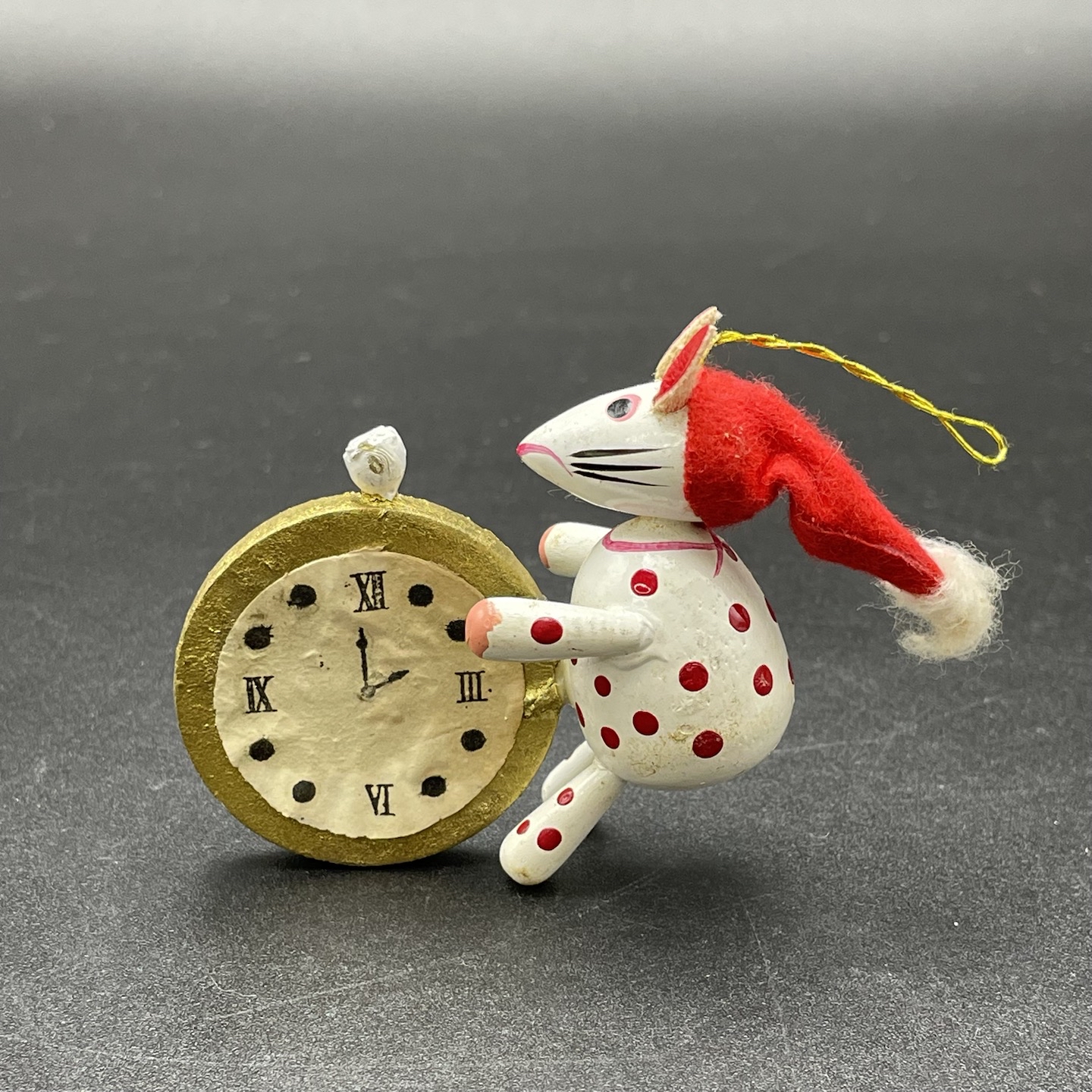 Vintage Wooden Mouse with Clock Hanging Christmas Ornament Nursery Rhyme