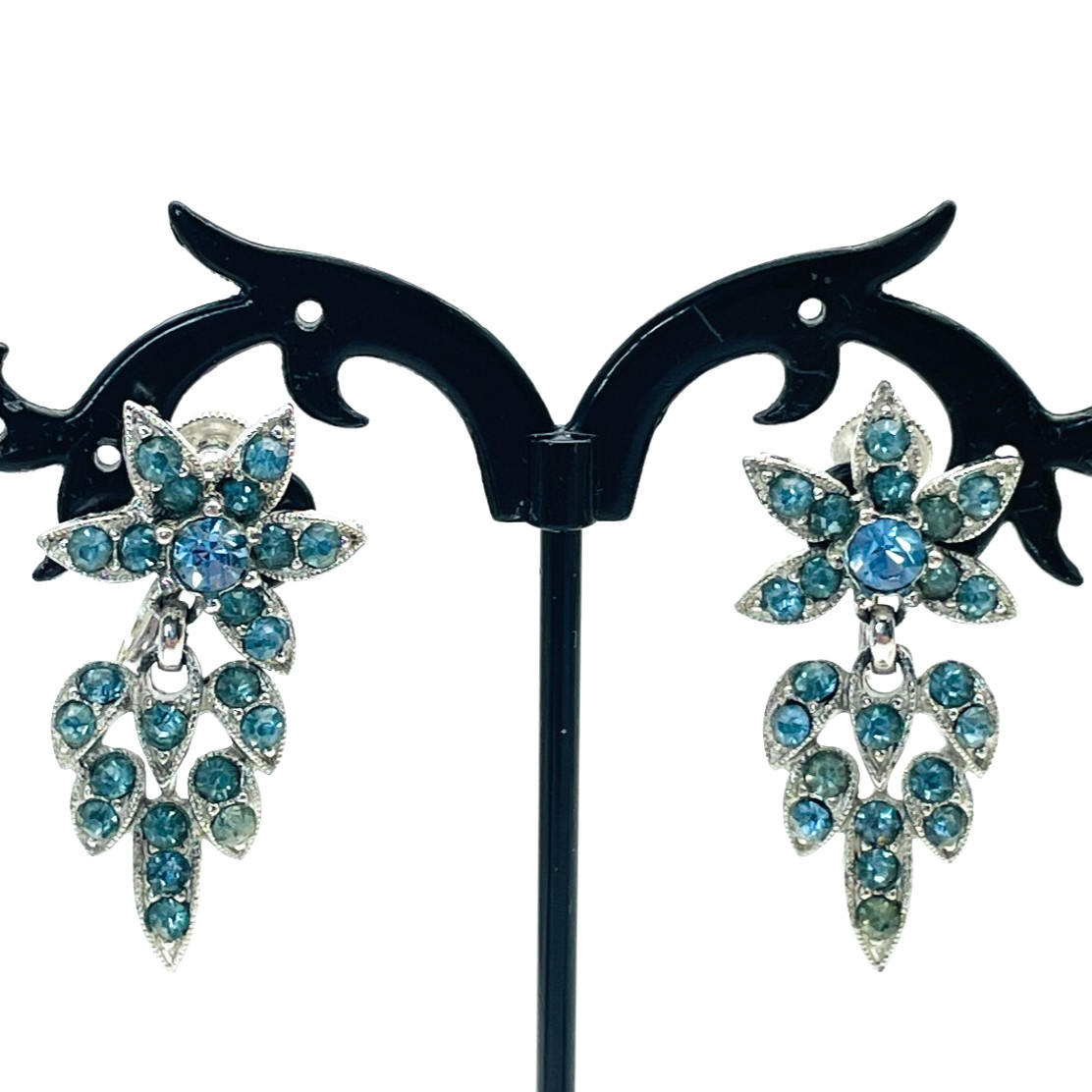 BOGOFF Earrings Blue Rhinestone Flower Dangle Silver Tone Screw