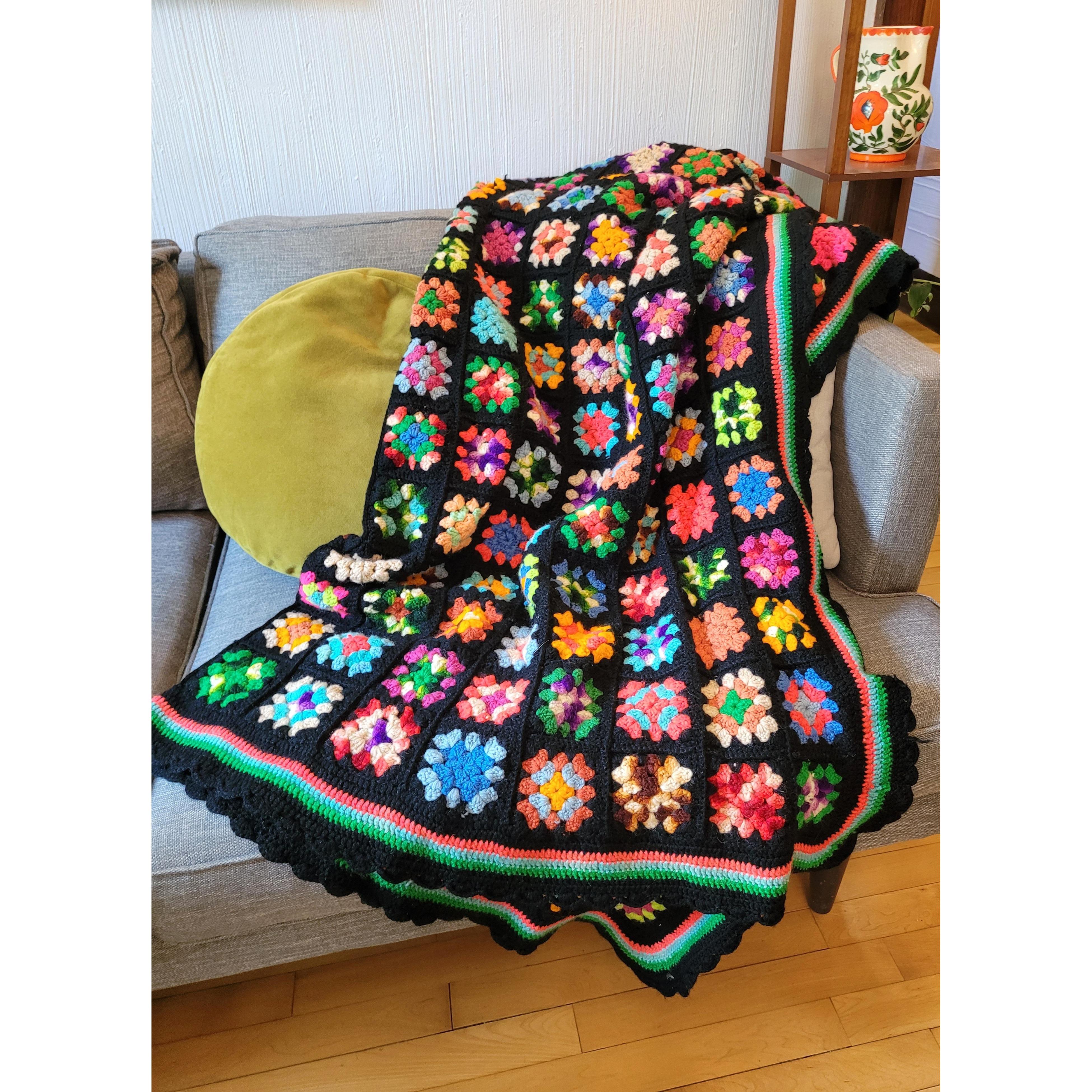 Vintage 70s Colorful Black Granny Square Crochet Afghan Throw