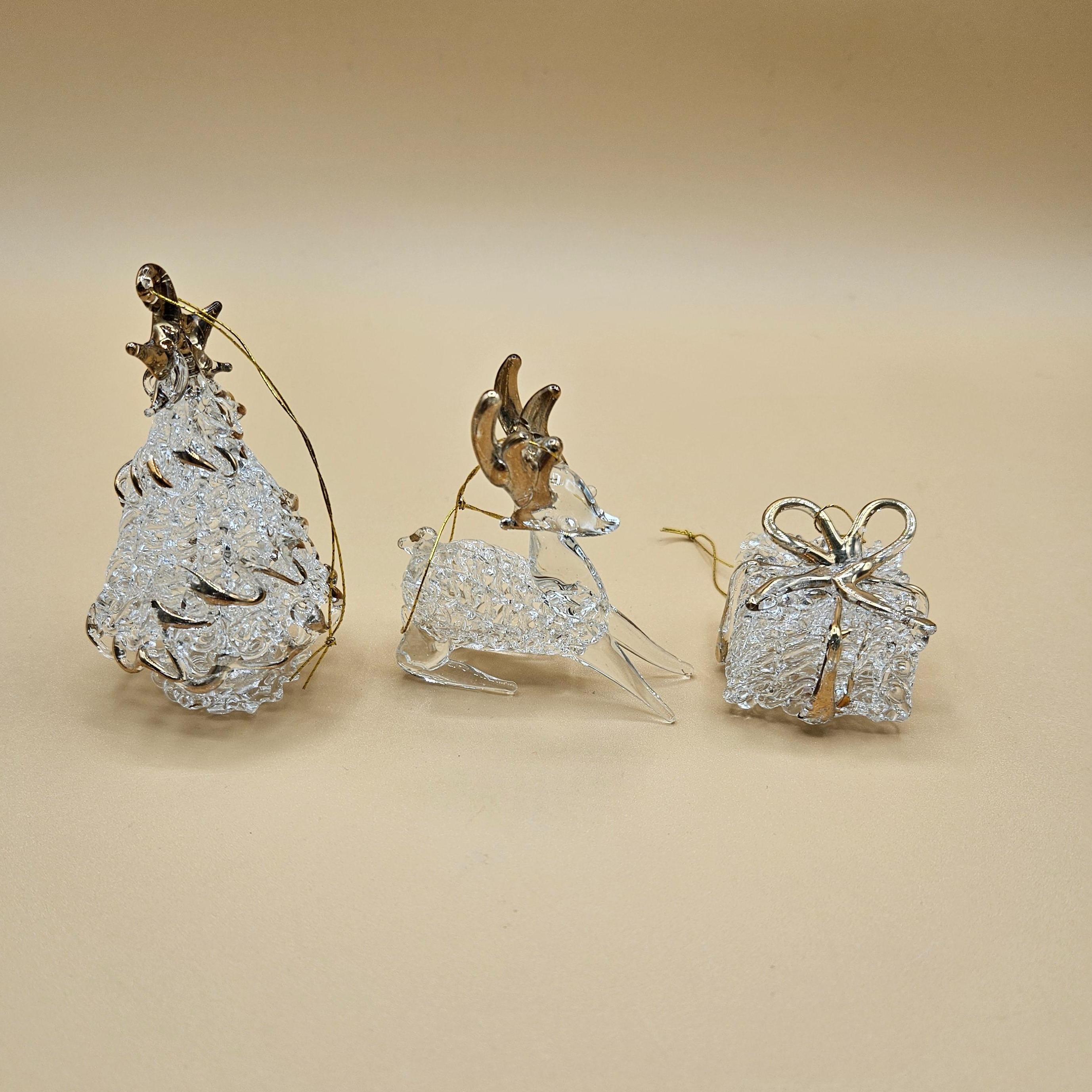 3 Terry's Village Hand Blown Clear Glass & Gold Christmas Ornaments