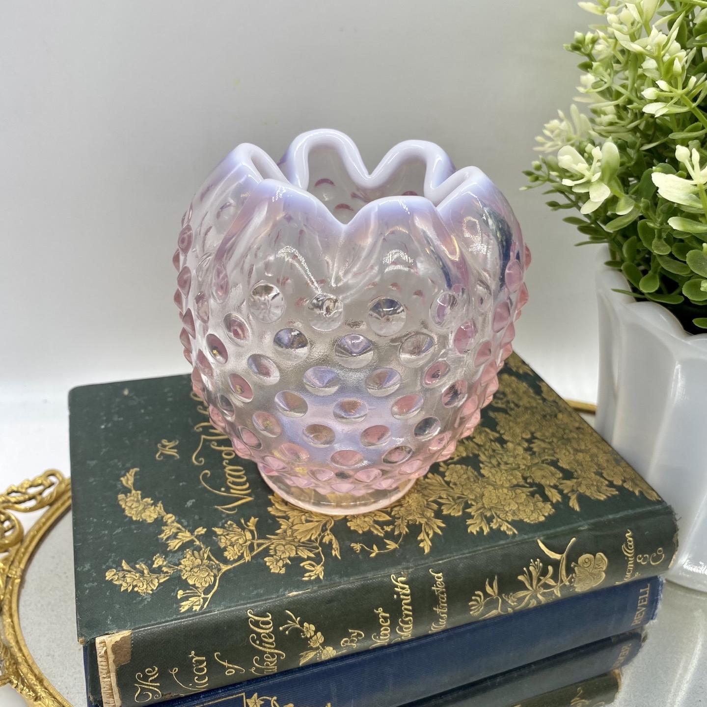 Vintage Fenton Glass Pink Crimped Opalescent Hobnail Rose Bowl Vase