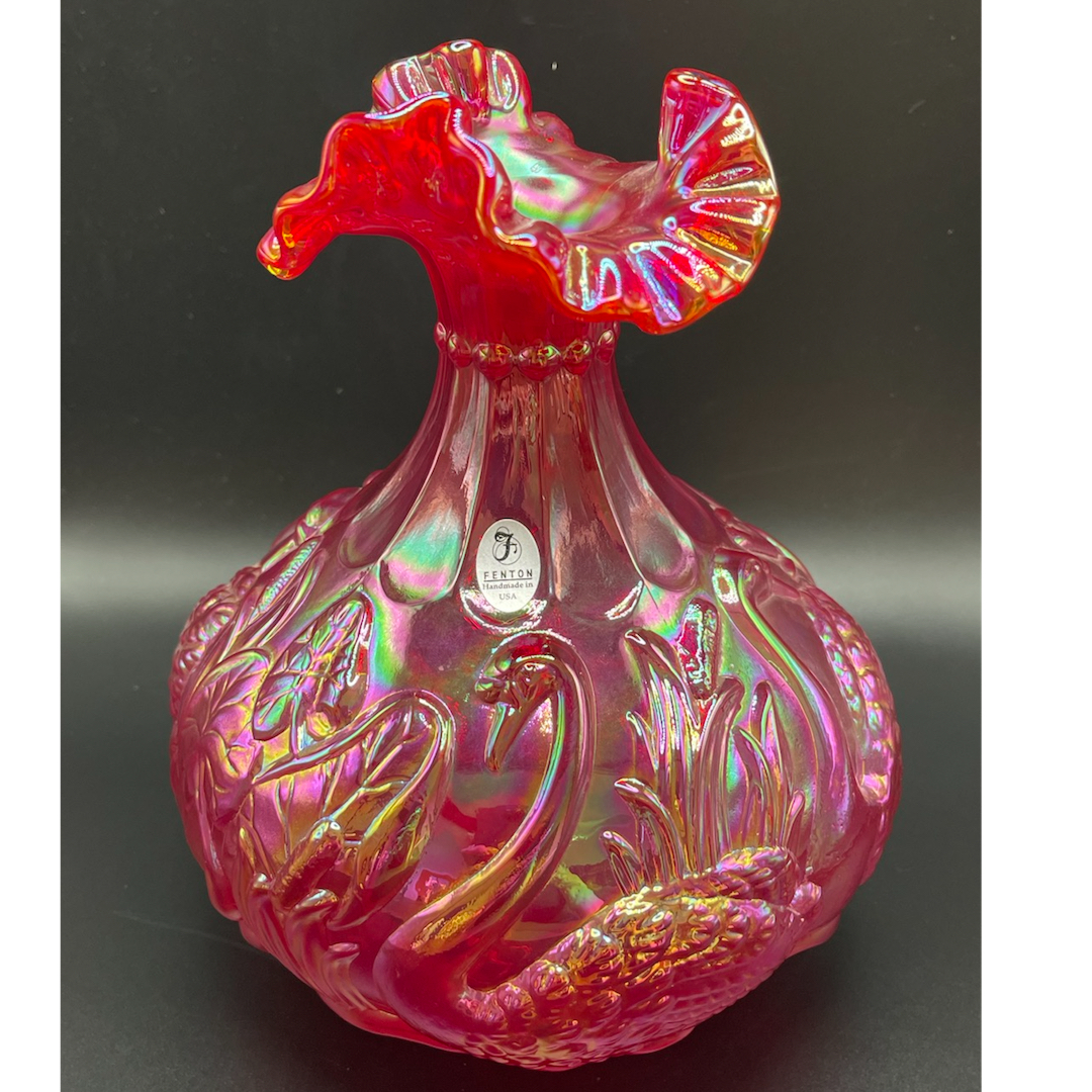 Fenton Glass Ruby Red Carnival Swan & Cattails Vase - 8