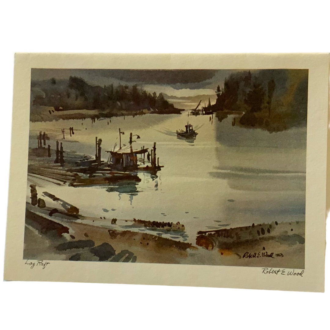Vintage Log Raft Painting Greeting Card 6” By 5”