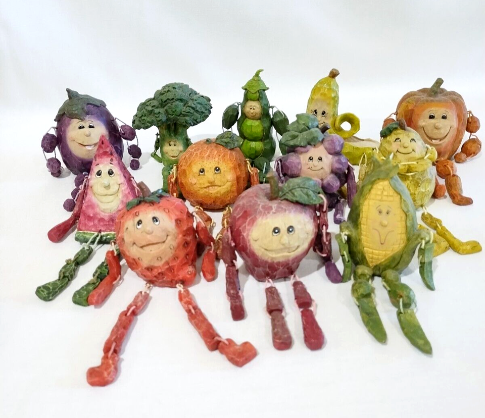 12 Vintage Fruit & Veggie Anthropomorphic Shelf Sitters Jointed Resin