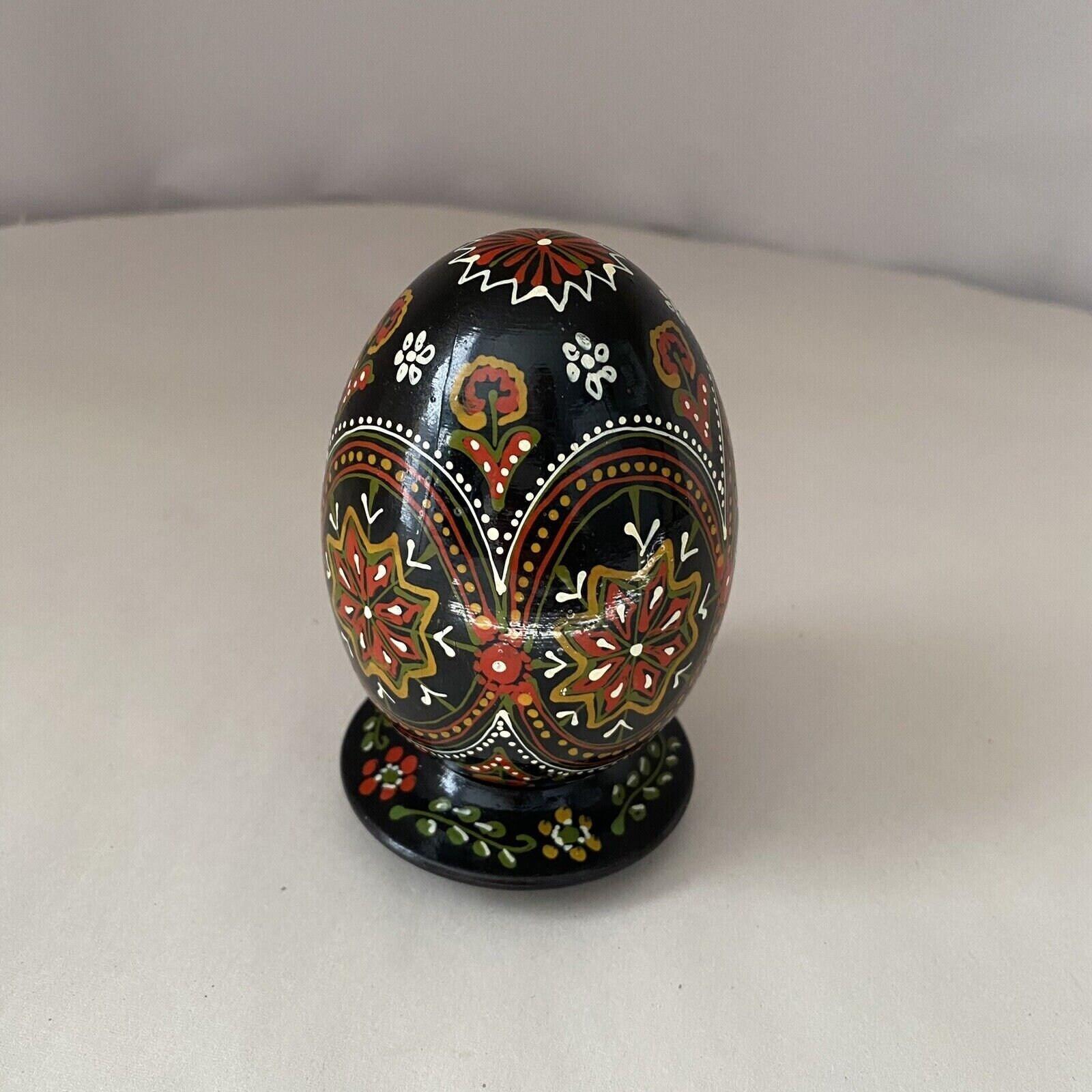 Pysanky Egg with Stand Hand Painted Black Orange Red Ukraine Folk Art