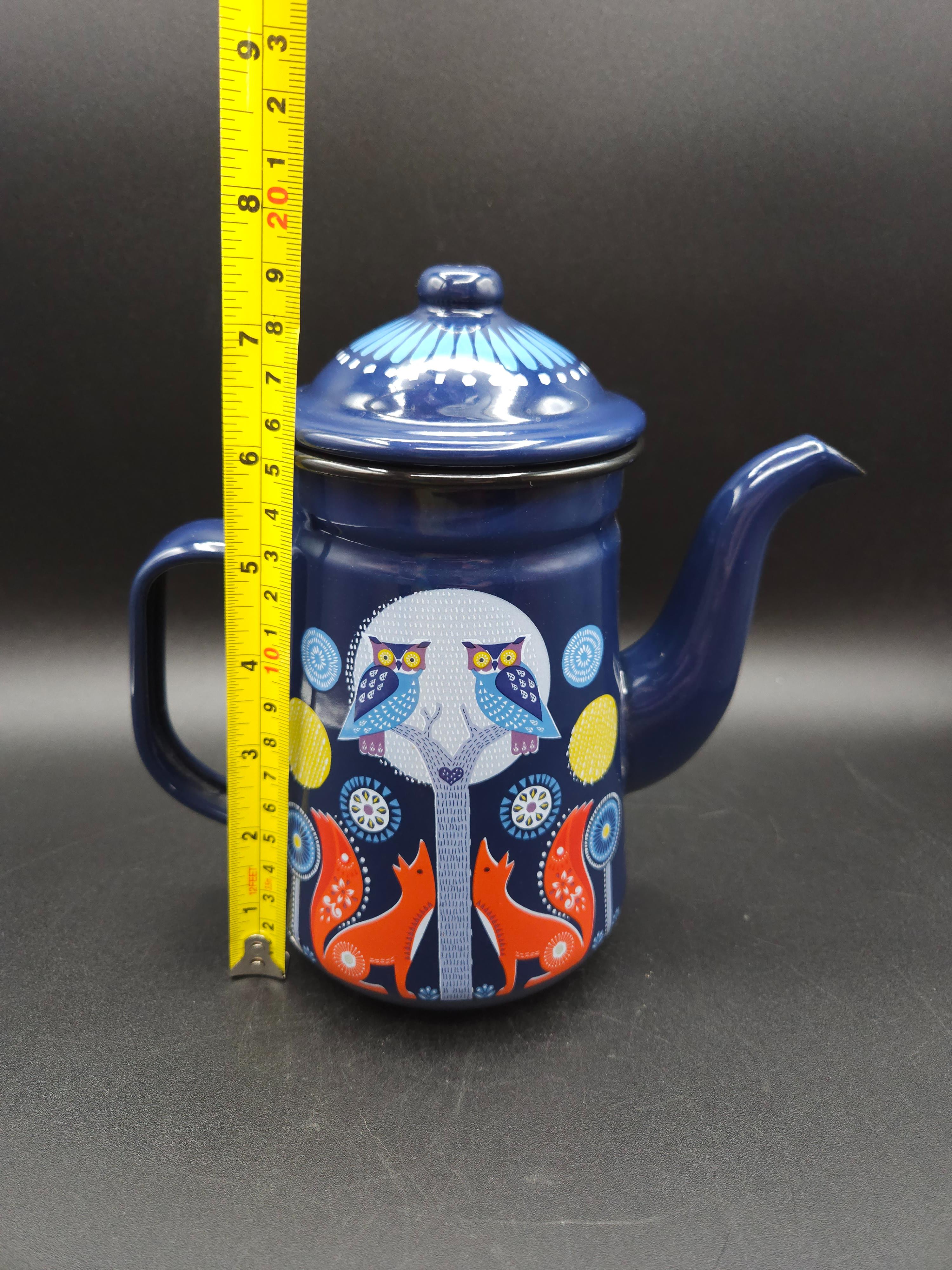 Folklore Wild Wolf Enamel Teapot Night Day Owls and Foxes Dark