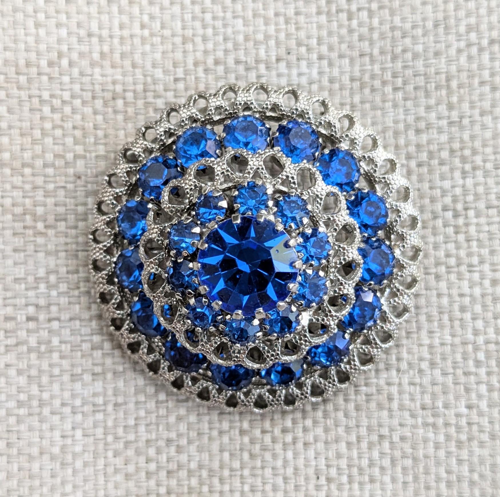 Mid-century Circular Brooch With Royal Blue Rhinestones in a Silver ...