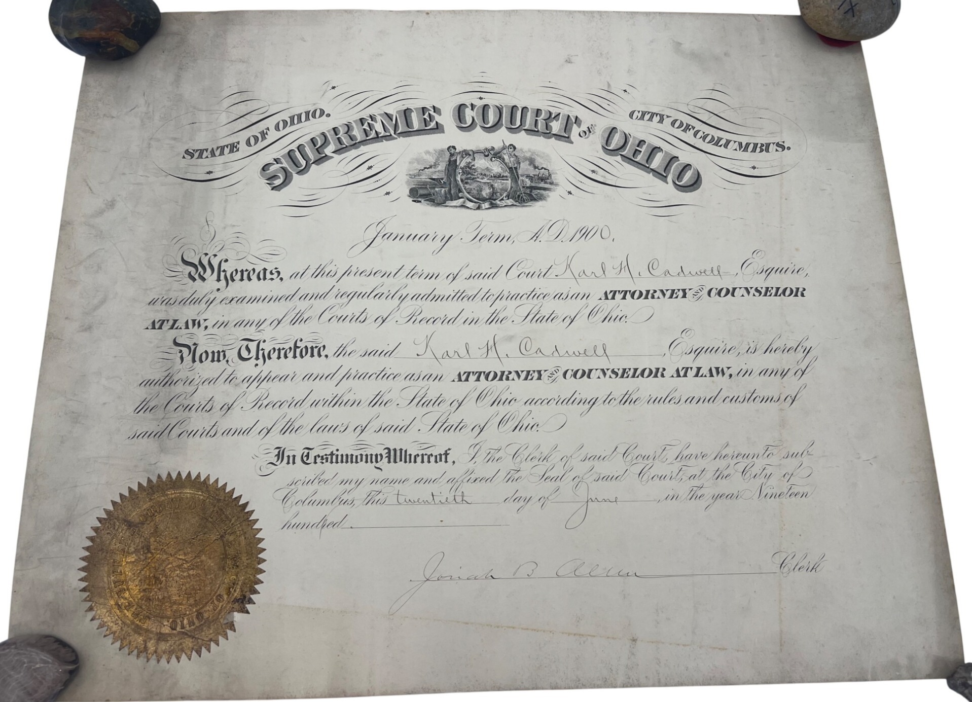 1900 Ohio Supreme Court Attorney Certificate Karl H Cadwell Signed