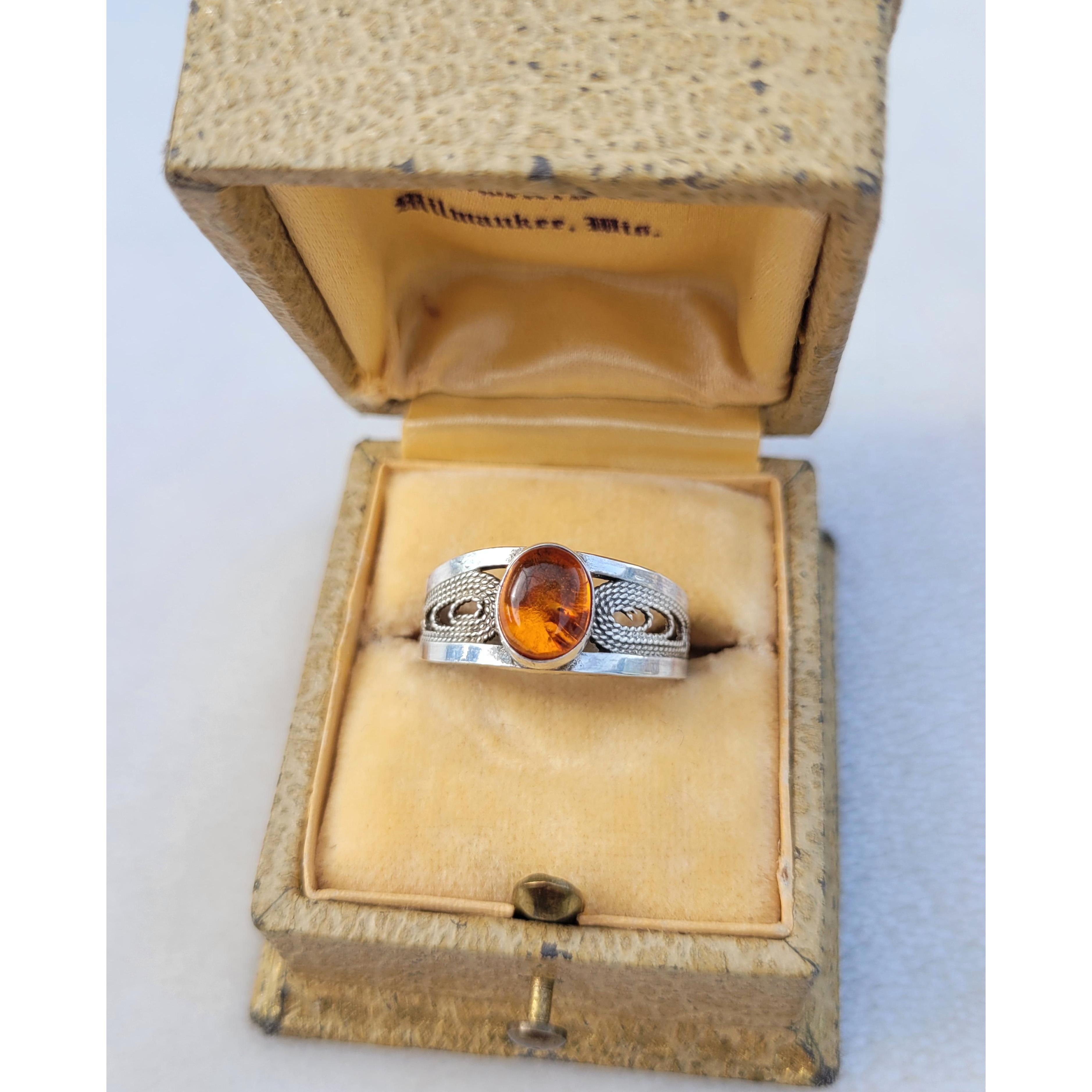 Vintage Baltic Amber Sterling Silver Filigree Gdansk Poland Ring Size 7.5