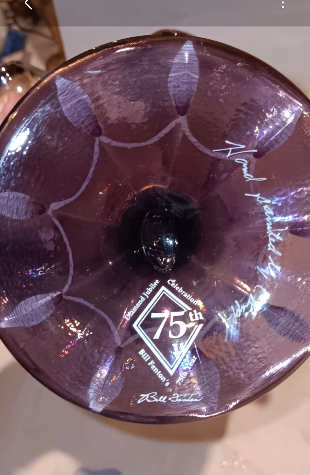 Signed Fenton Glass 75th Anniversary Plum Iridescent Wisteria Basket