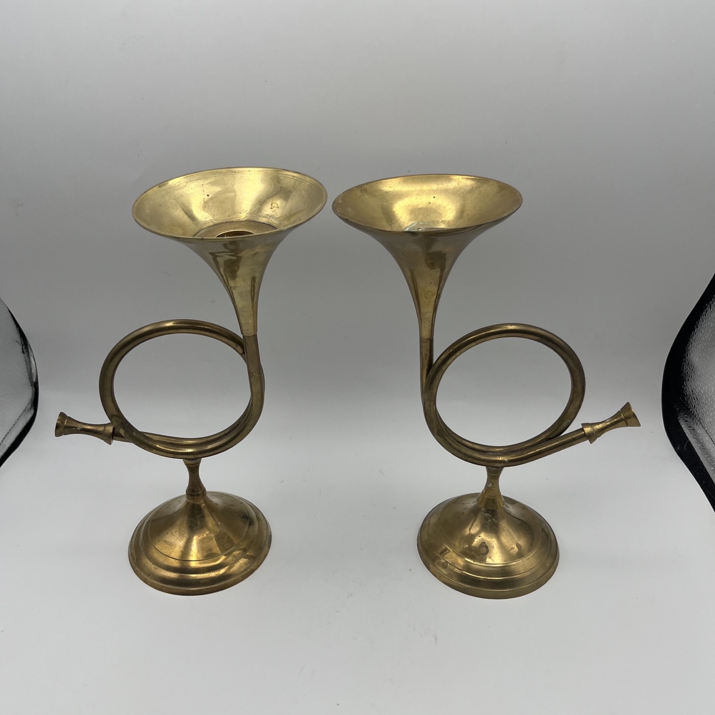 Brass French Horn Candle Holders Set Of 2