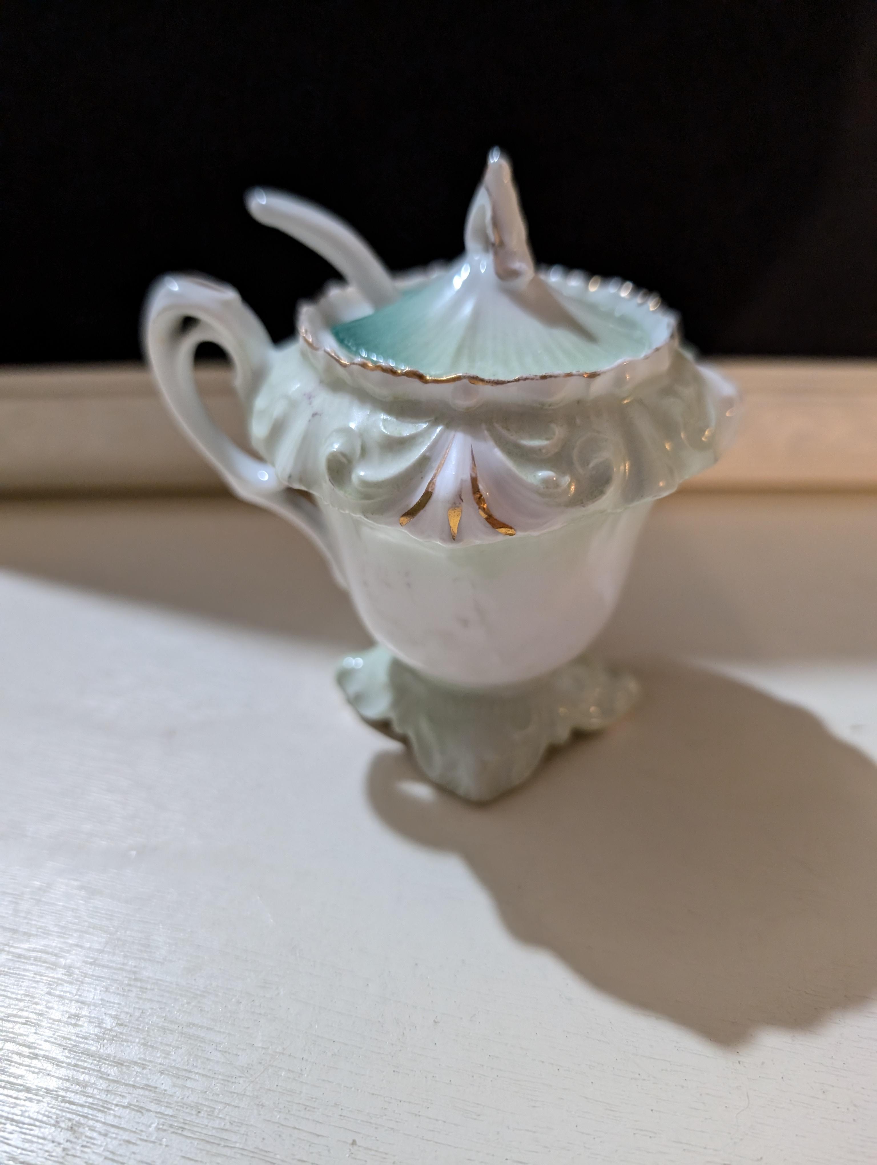 Elegant Antique Porcelain RS Prussia Mustard Jar with Floral Design