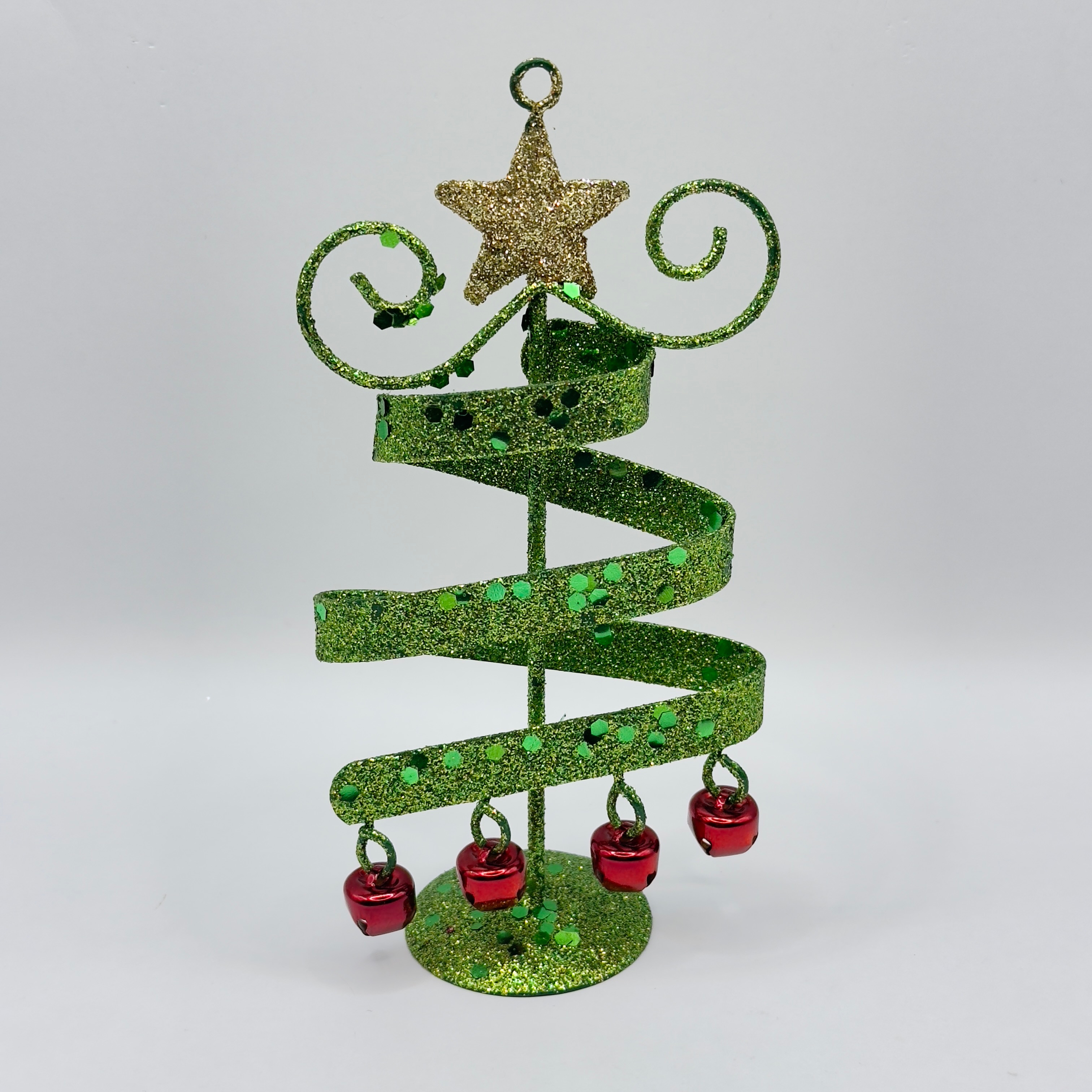 Whimsical Glittery Spiral Metal Christmas Tree with Red Bells Figurine ...