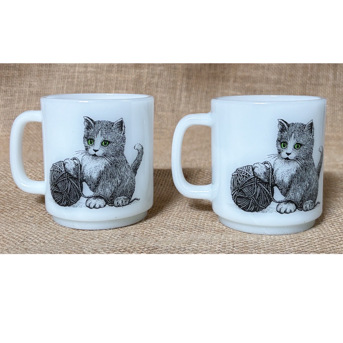 Vintage Glasbake Cat w Yarn Ball Milk Glass Mug Set Coffee Cup ...