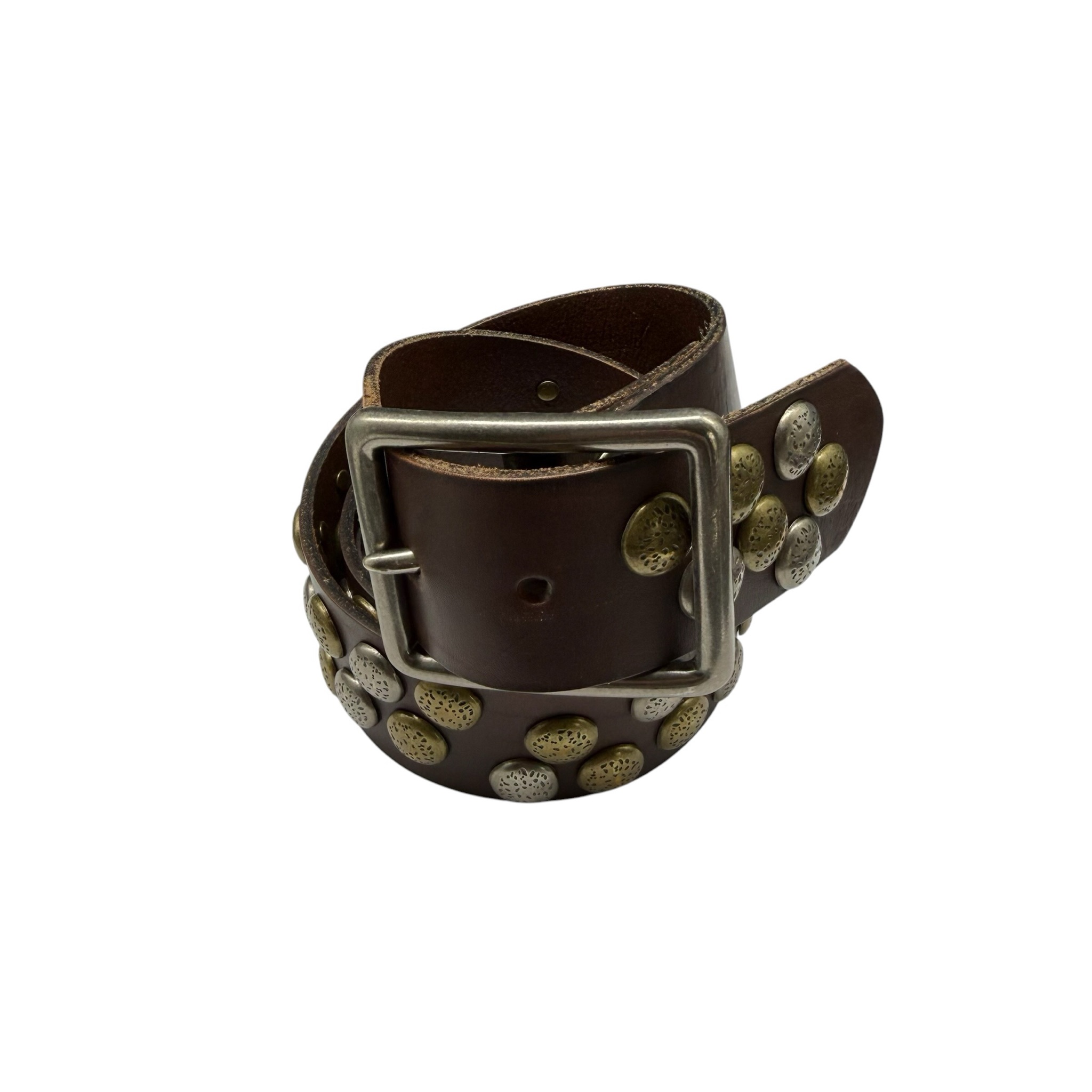 bed stu HEWITT Leather Studded Belt Brown Silver Gold Rivets 