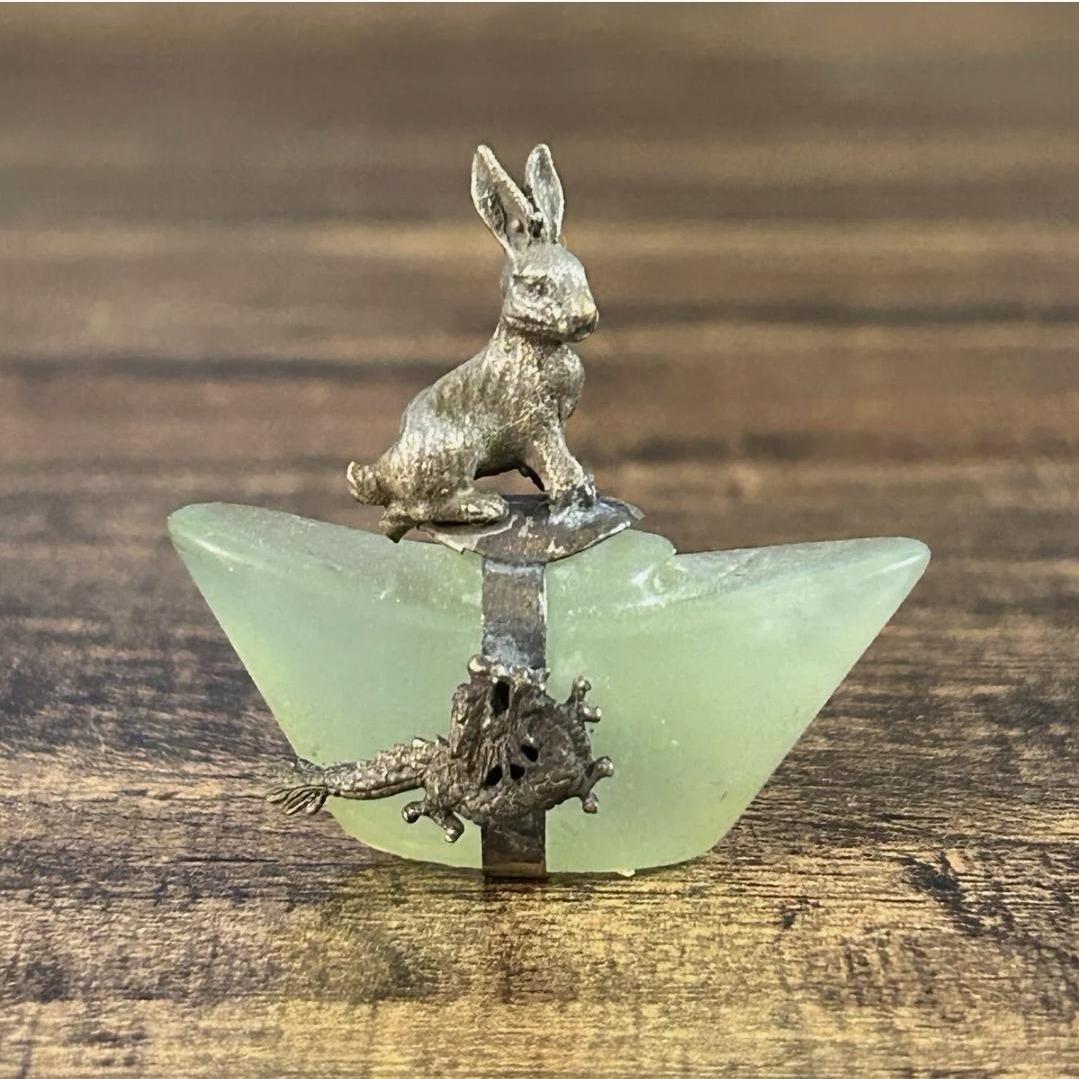 Vintage Chinese Horoscope Brass Bowenite Jade Rabbit Figure