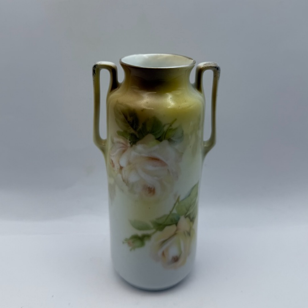 RS Germany Art Nouveau Two Handled Hand Painted Roses Porcelain Vase 5.25”
