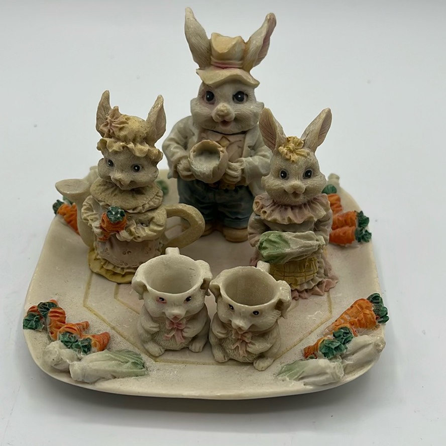 Miniature Resin Tea Set Bunnies With Carrot Dish