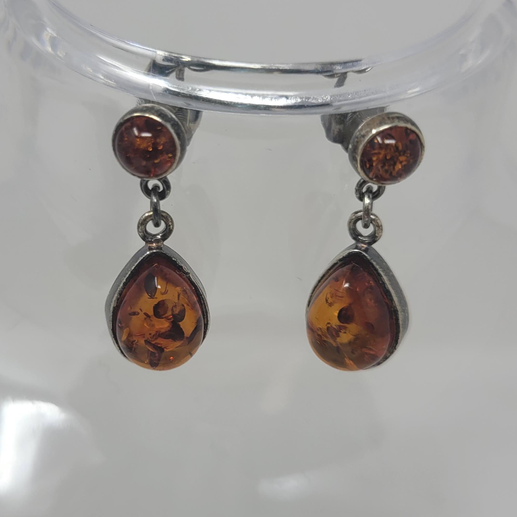 Boucles D'oreilles En Ambre Baltique Et Argent 925 - Forme Larme/poire, Neuf Avec étiquettes