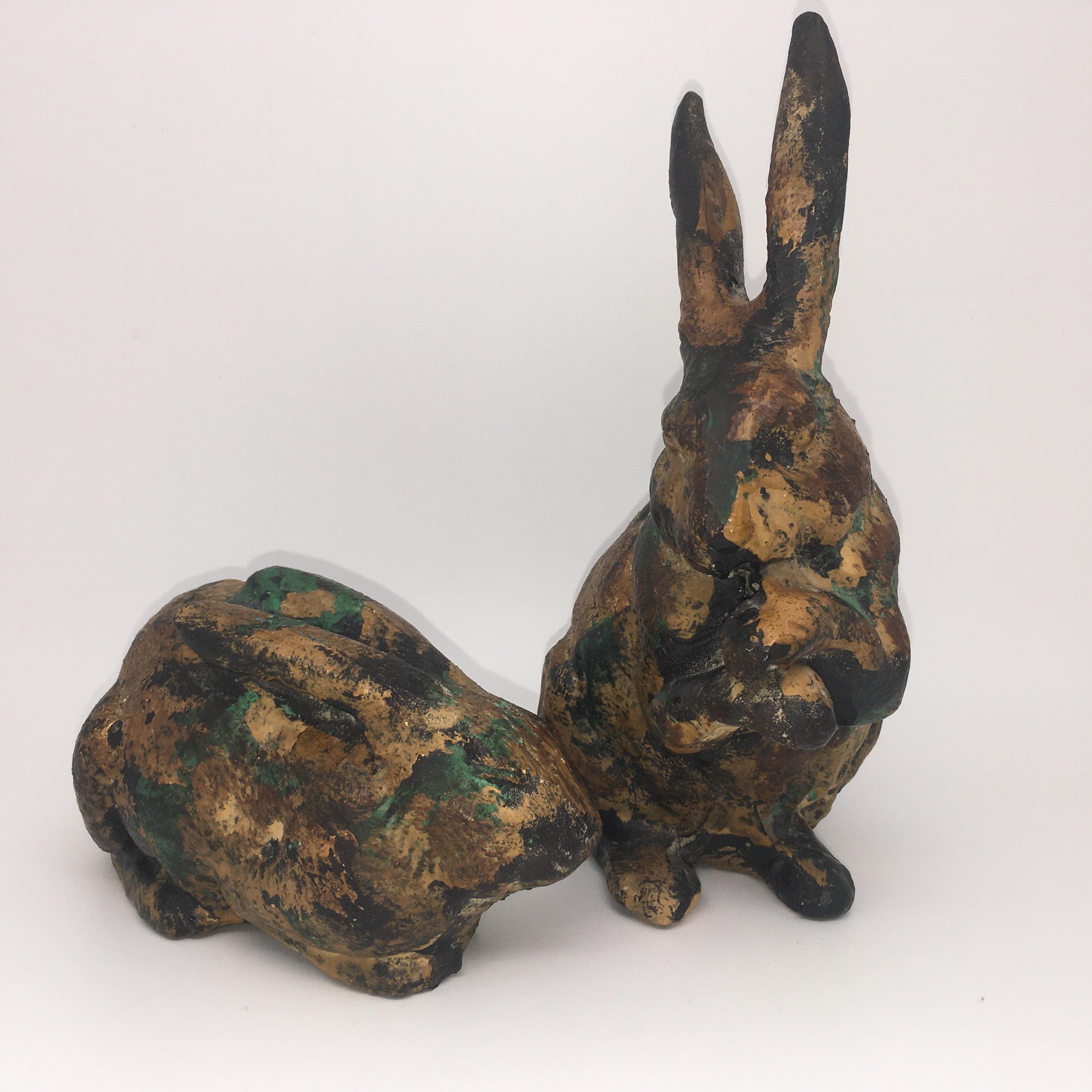 Pair Japan Rabbit Figurines Cast Iron Bronze Faux Verdigris Hares ...