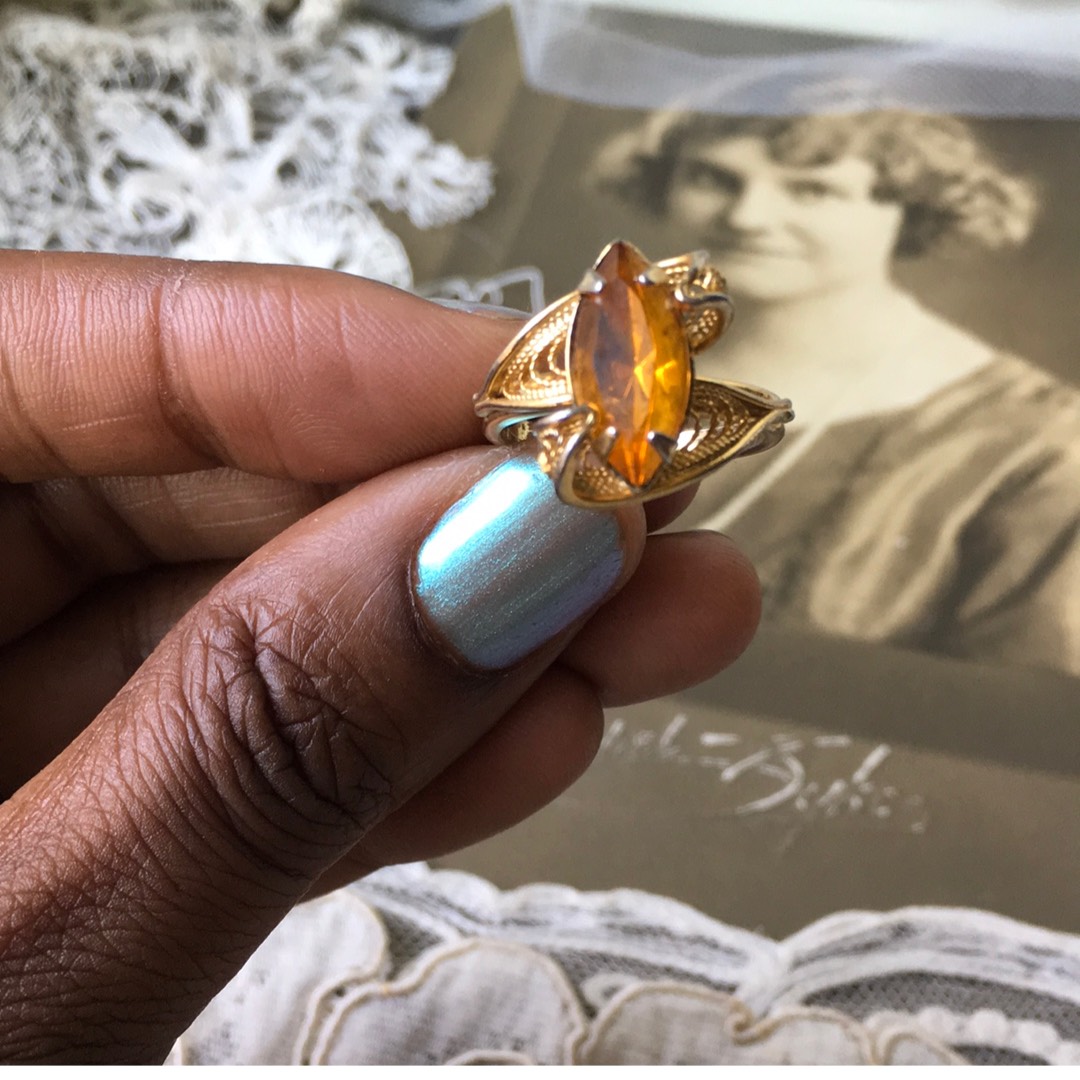 Vintage Honey Citrine Rhinestone Filigree Ring - Size 6 Adjustable