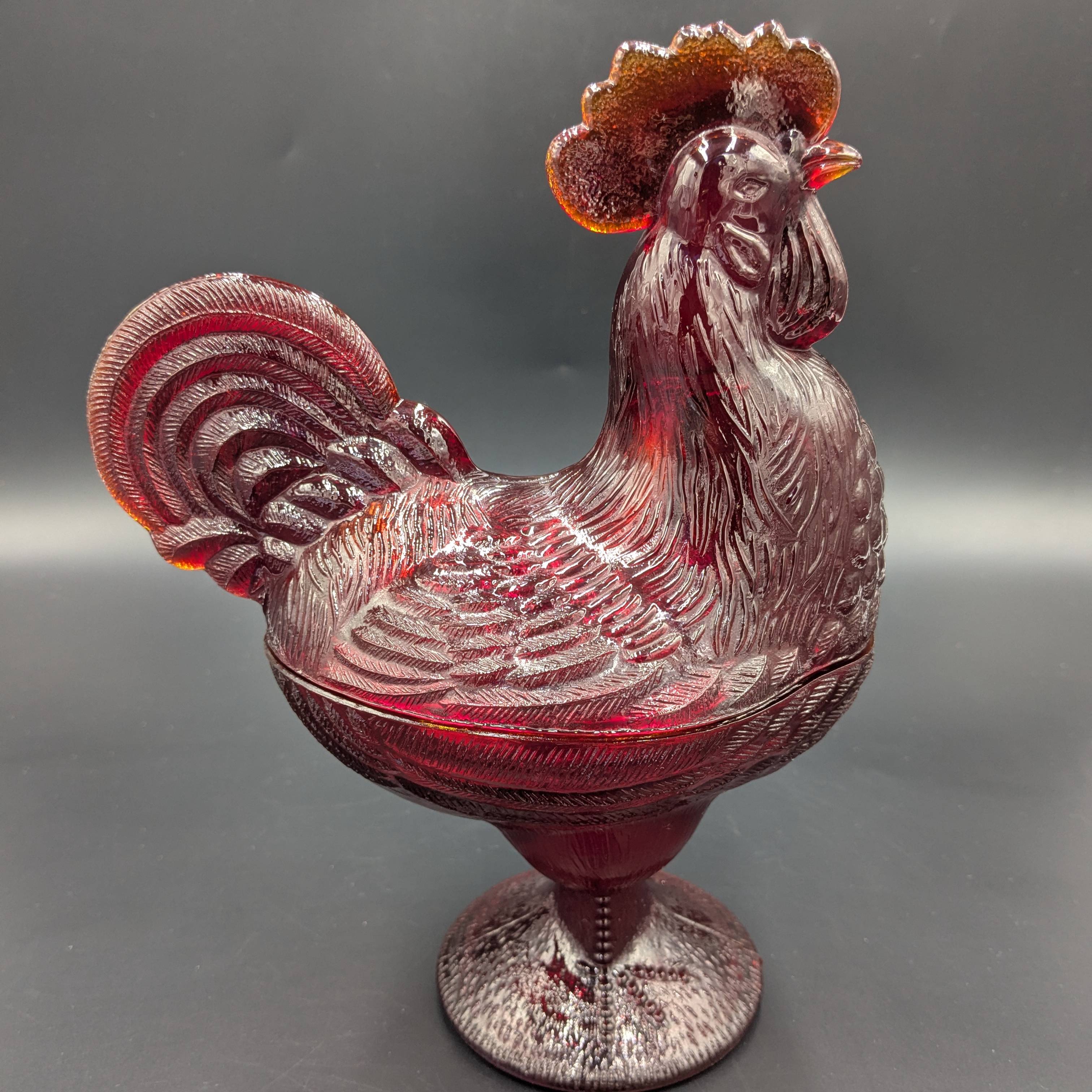Vintage L.E. Smith Ruby Red Glass Rooster Pedestal Candy Dish