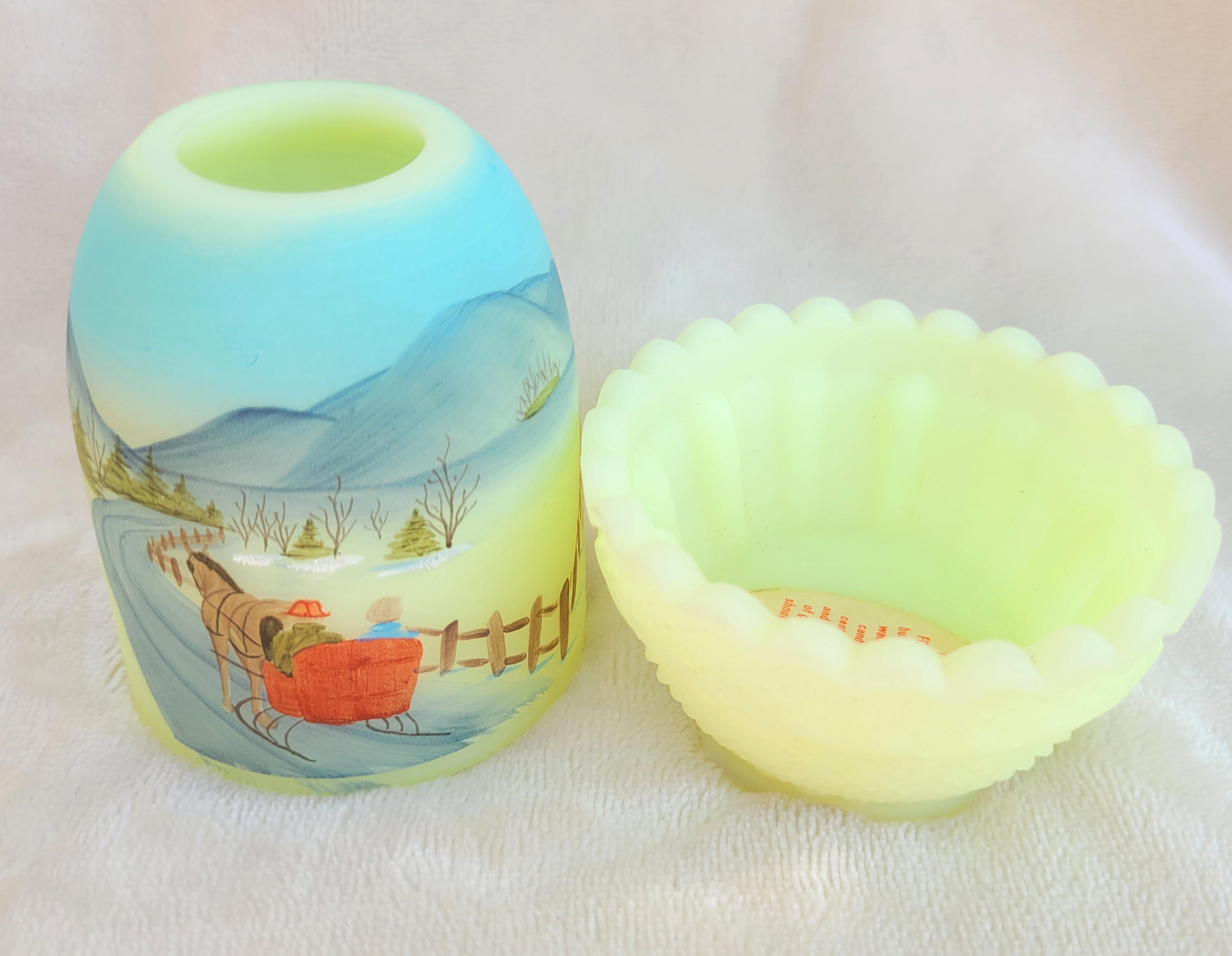 Vtg Fenton Custard Uranium Glass Fairy Lamp Winter Scene