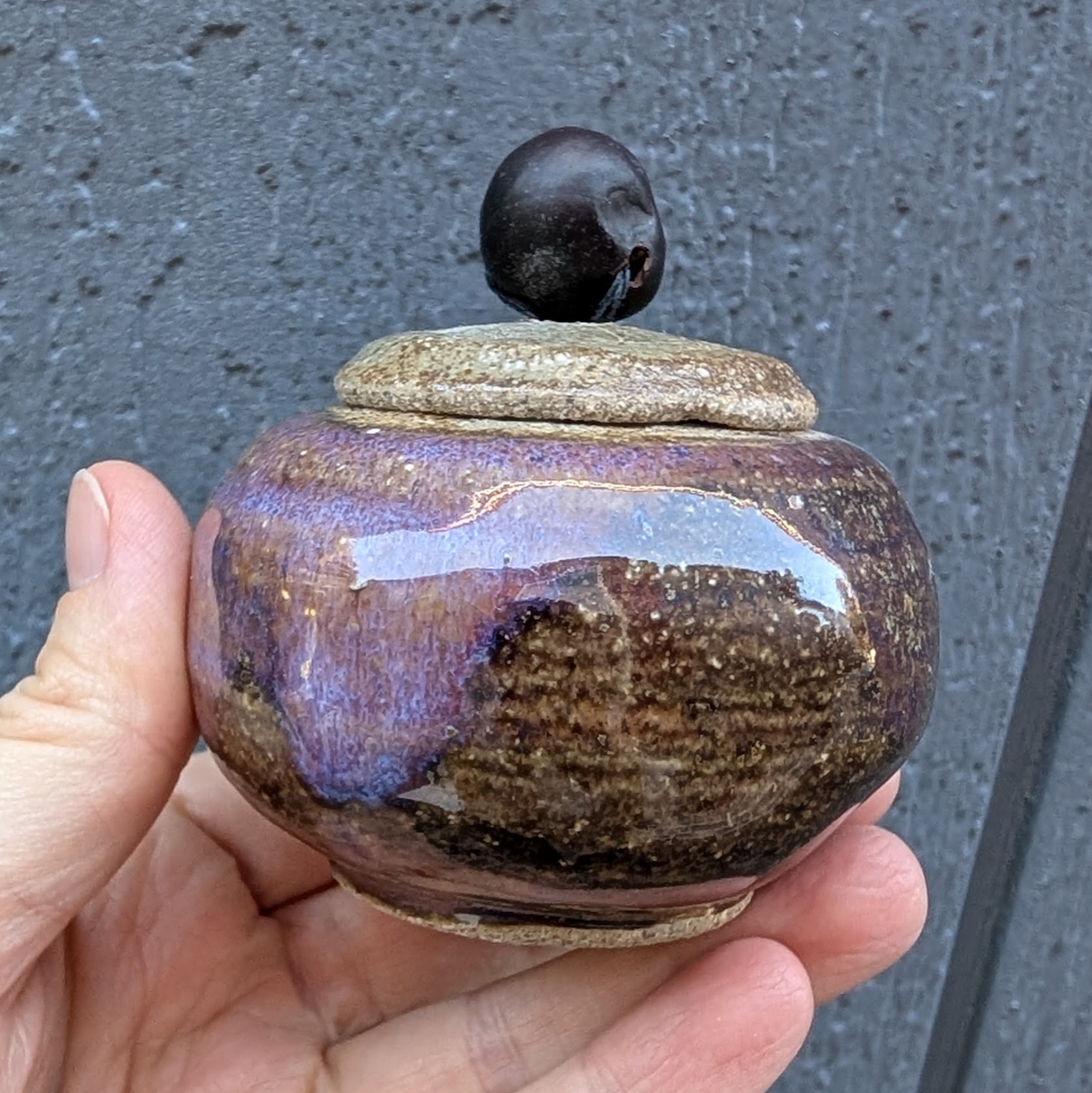 Vintage Studio Pottery Purple Drip Glaze Mini Jar w/ Buckeye Knob Lid ...