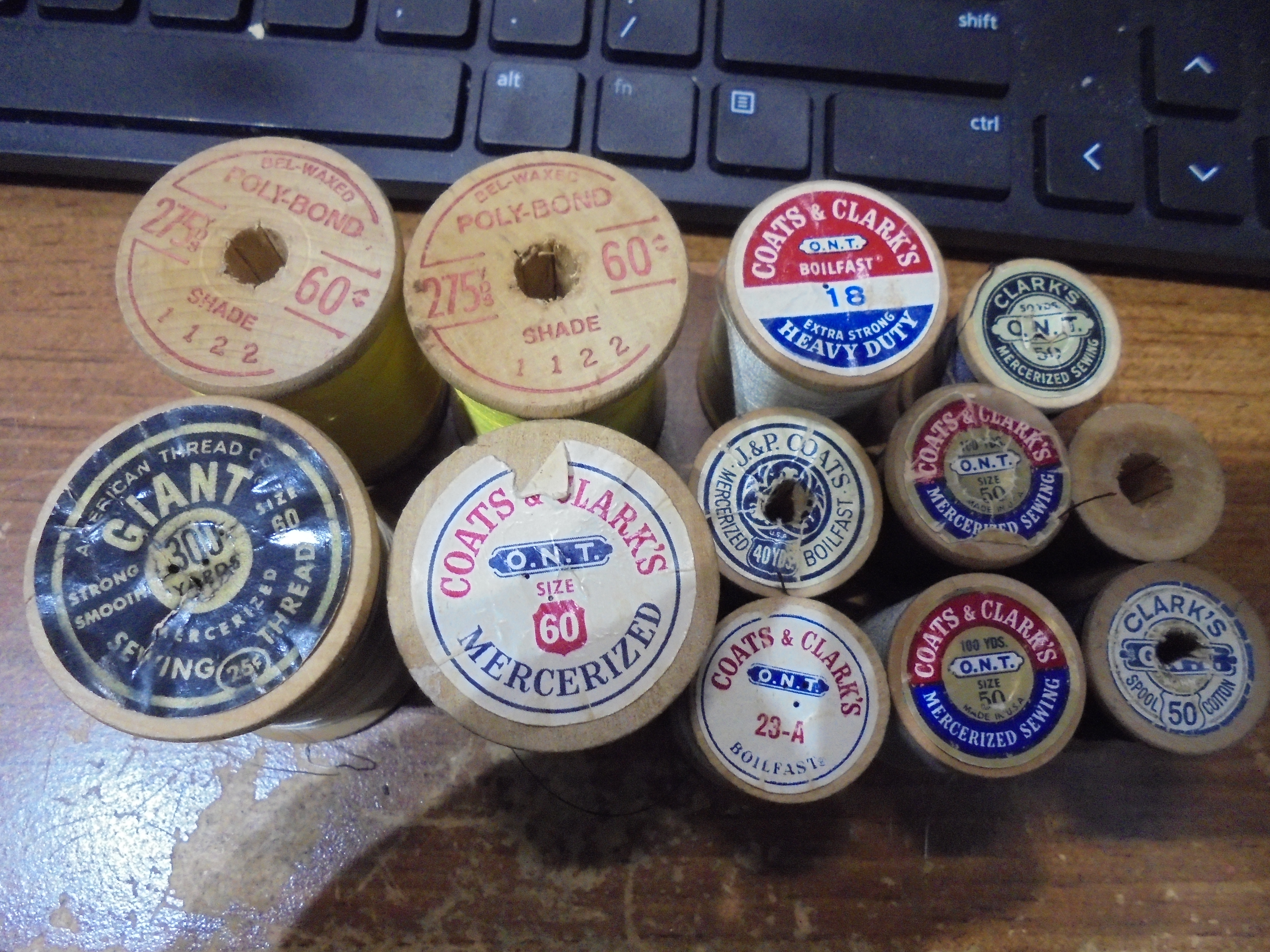 Lot of 12 Wooden Sewing Thread Spools w/ Thread Large and Small
