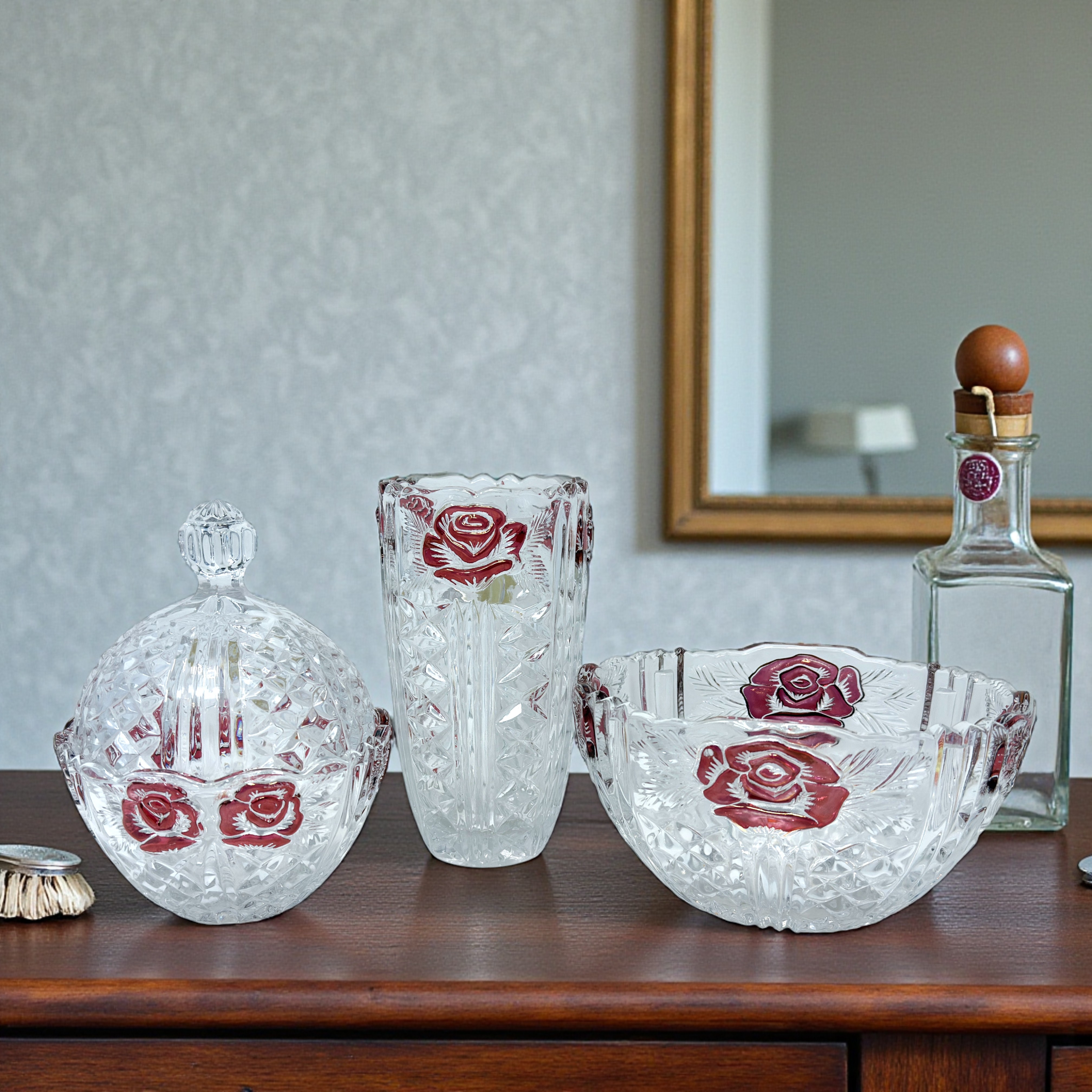 Anna Hütte Bleikristall Lead Crystal 3‑Piece Ruby Rose Set Germany