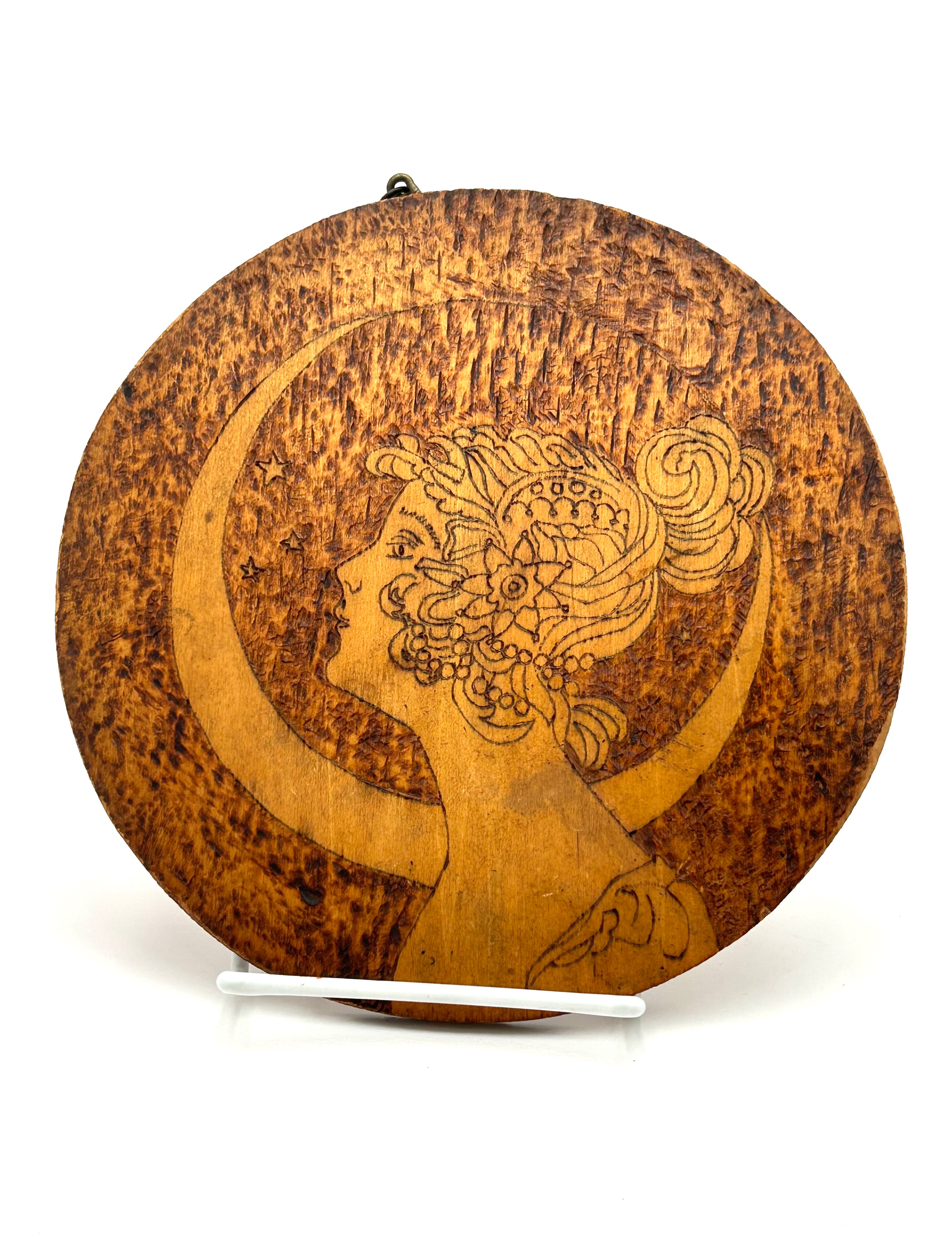 Antique Pyrography Art Nouveau Wood Circular Art