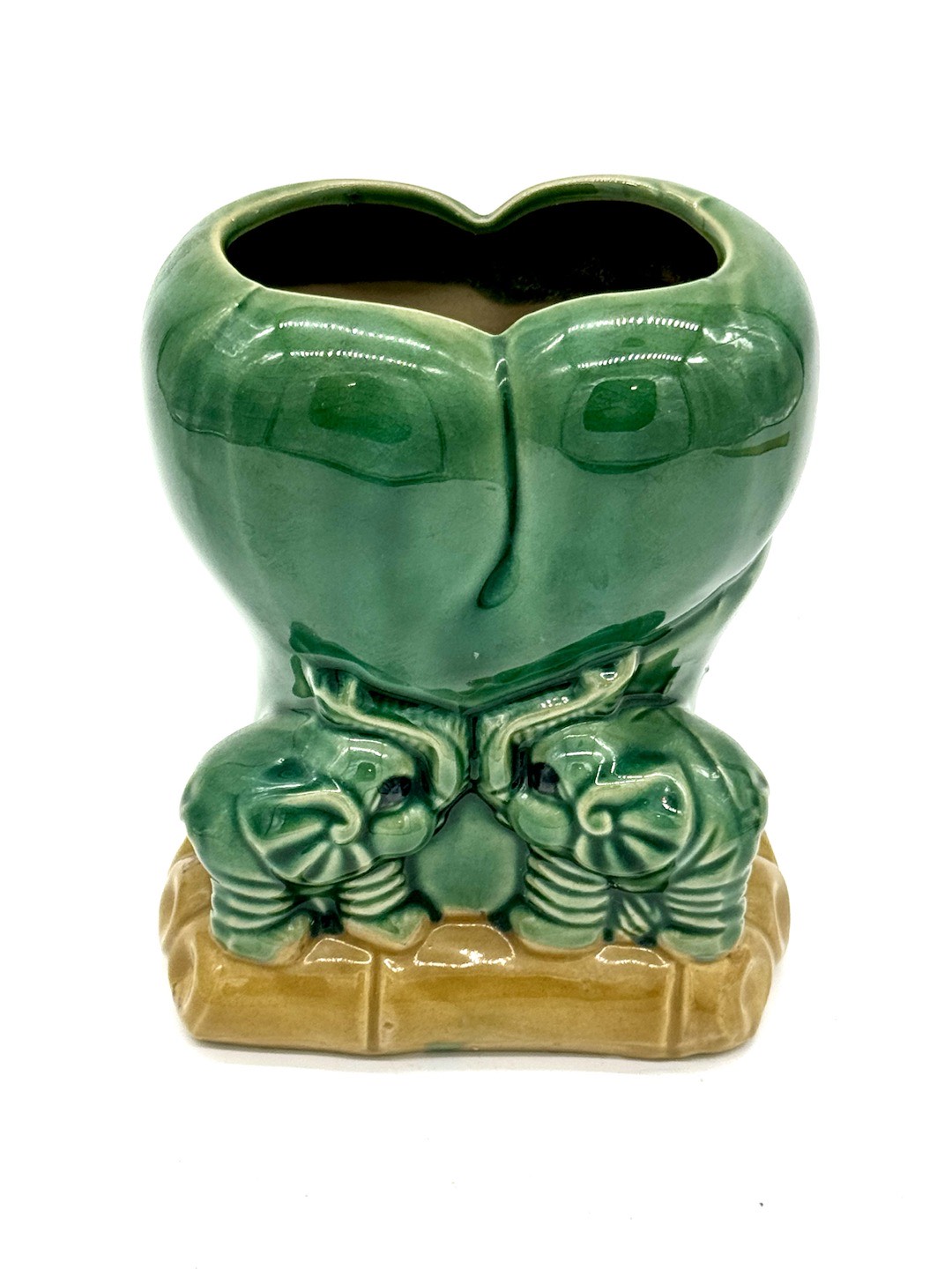 Planter Vintage Majolica Ceramic Green Elephant Bamboo Heart Trunk Up 5.5”H