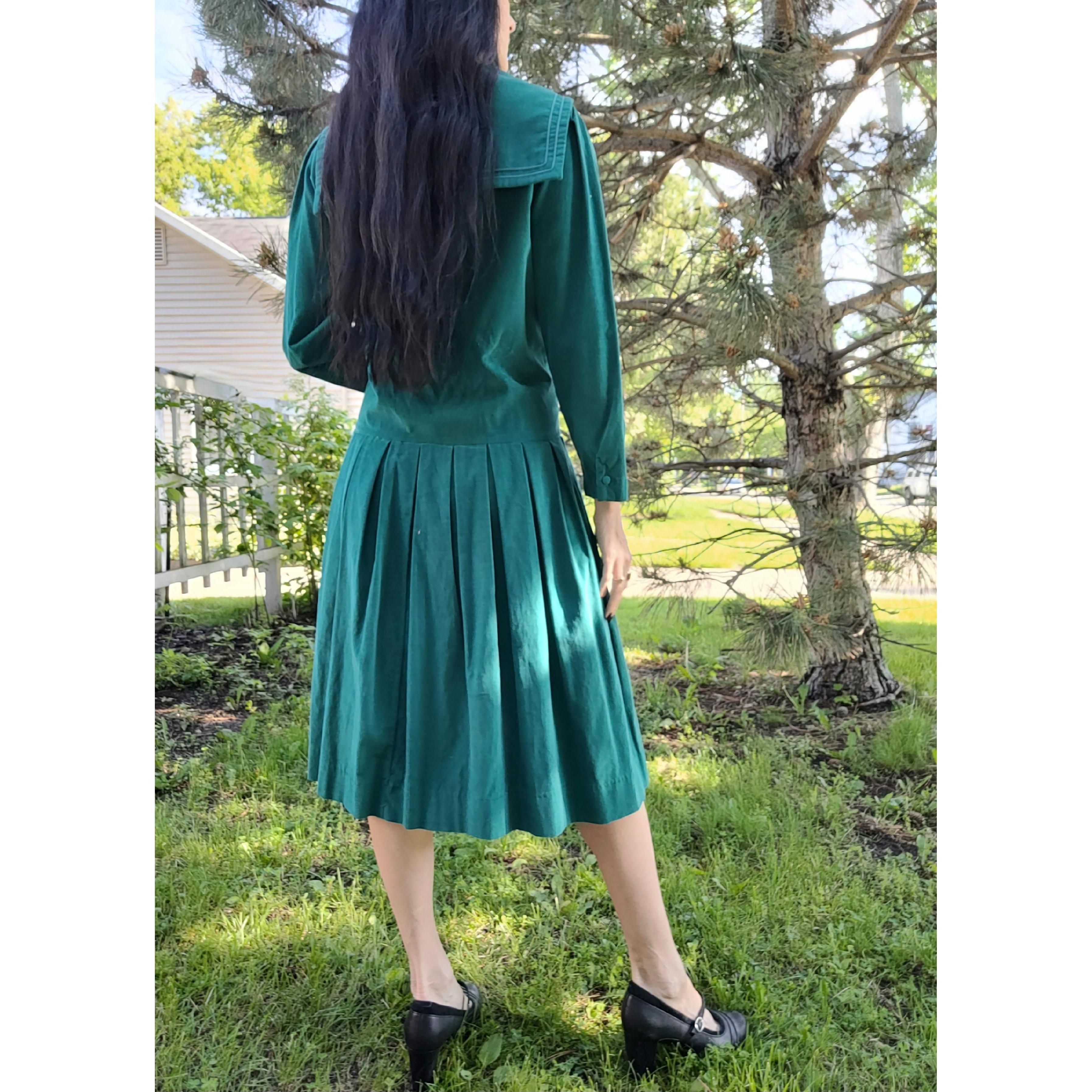 Vintage 80s Laura Ashley Dress Sailor Collar Dropwaist Pleated Green  Corduroy