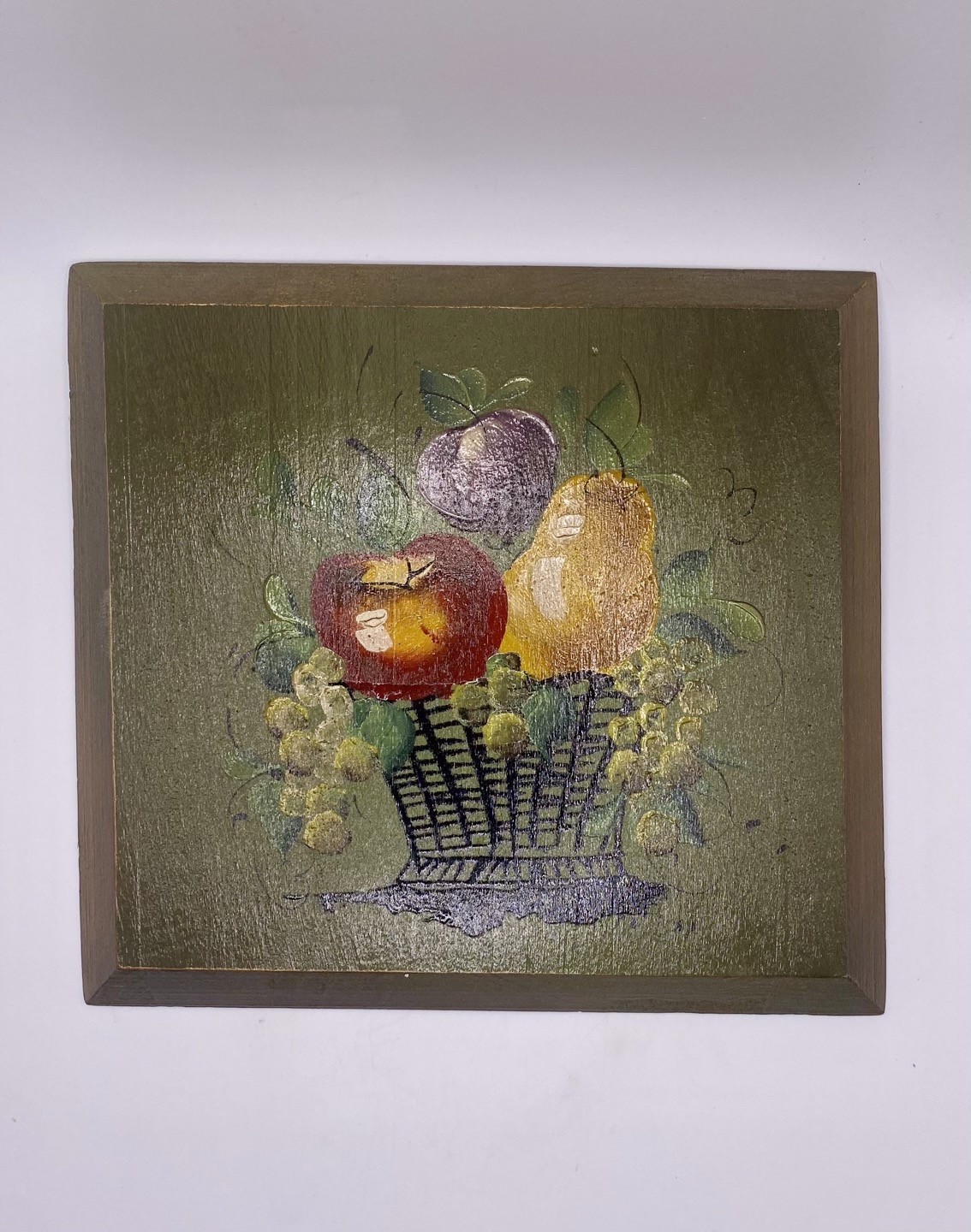 293. Vintage Tole Hand Painted Wood Plaque “Basket Of Fruit” Wall Hang