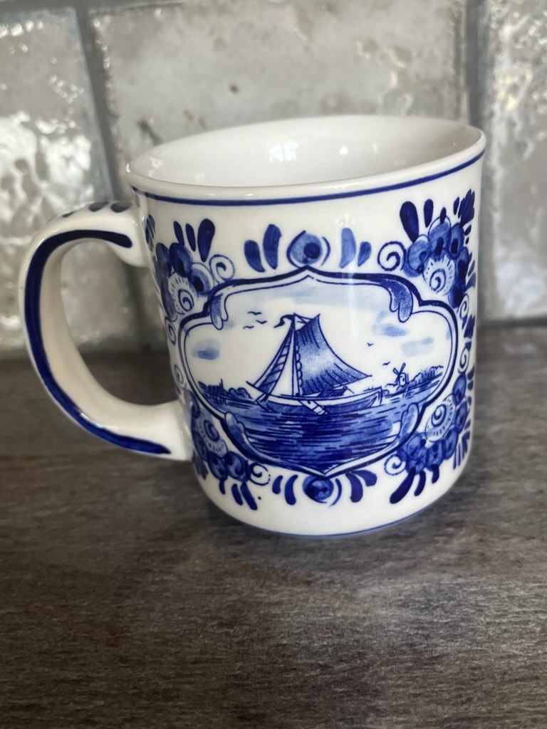 Vintage Delft Blue Holland Sailboat & Windmill Mug Cup 886
