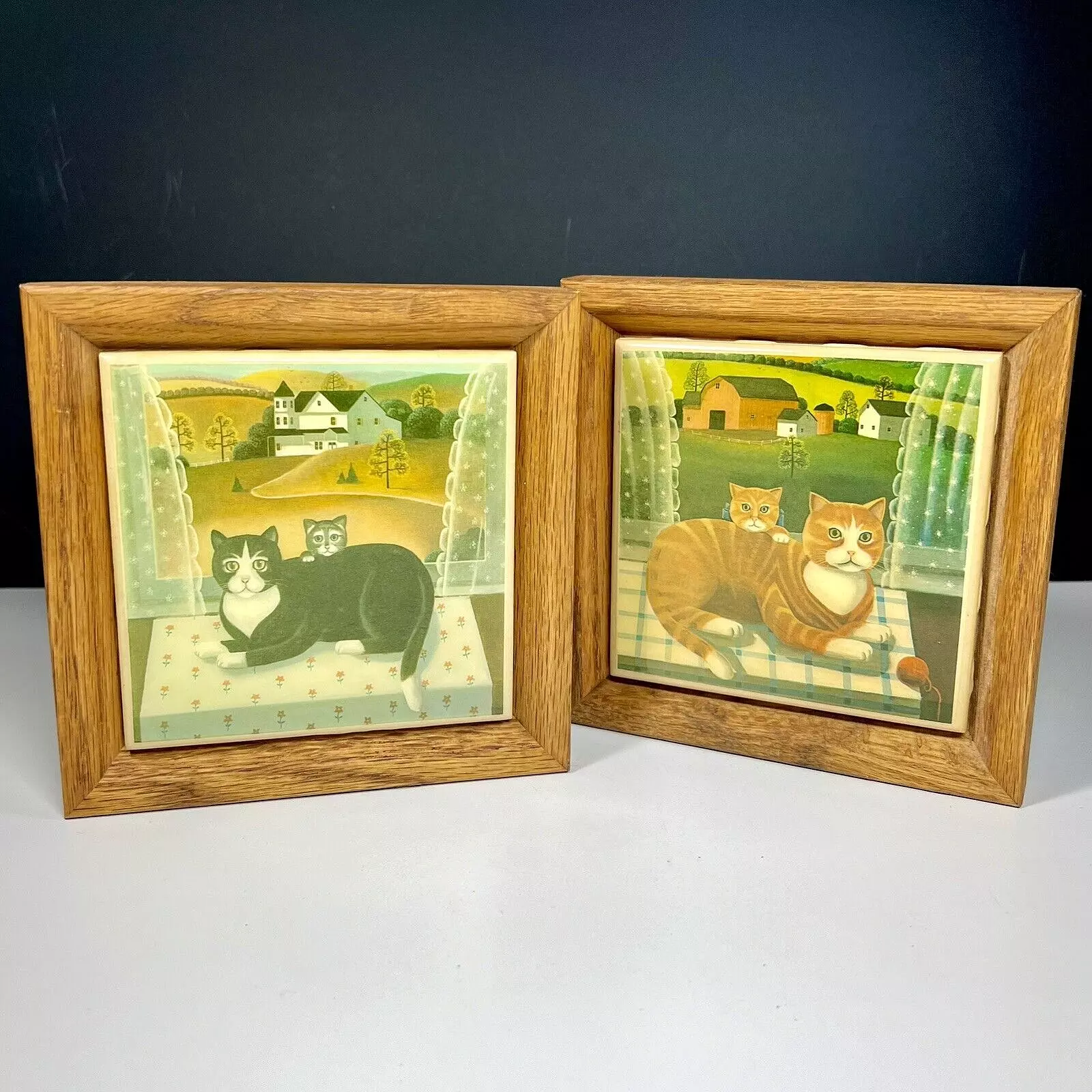 Vintage Kimberly Enterprise Ceramic Tile Cat Framed Tile Art Framed Set