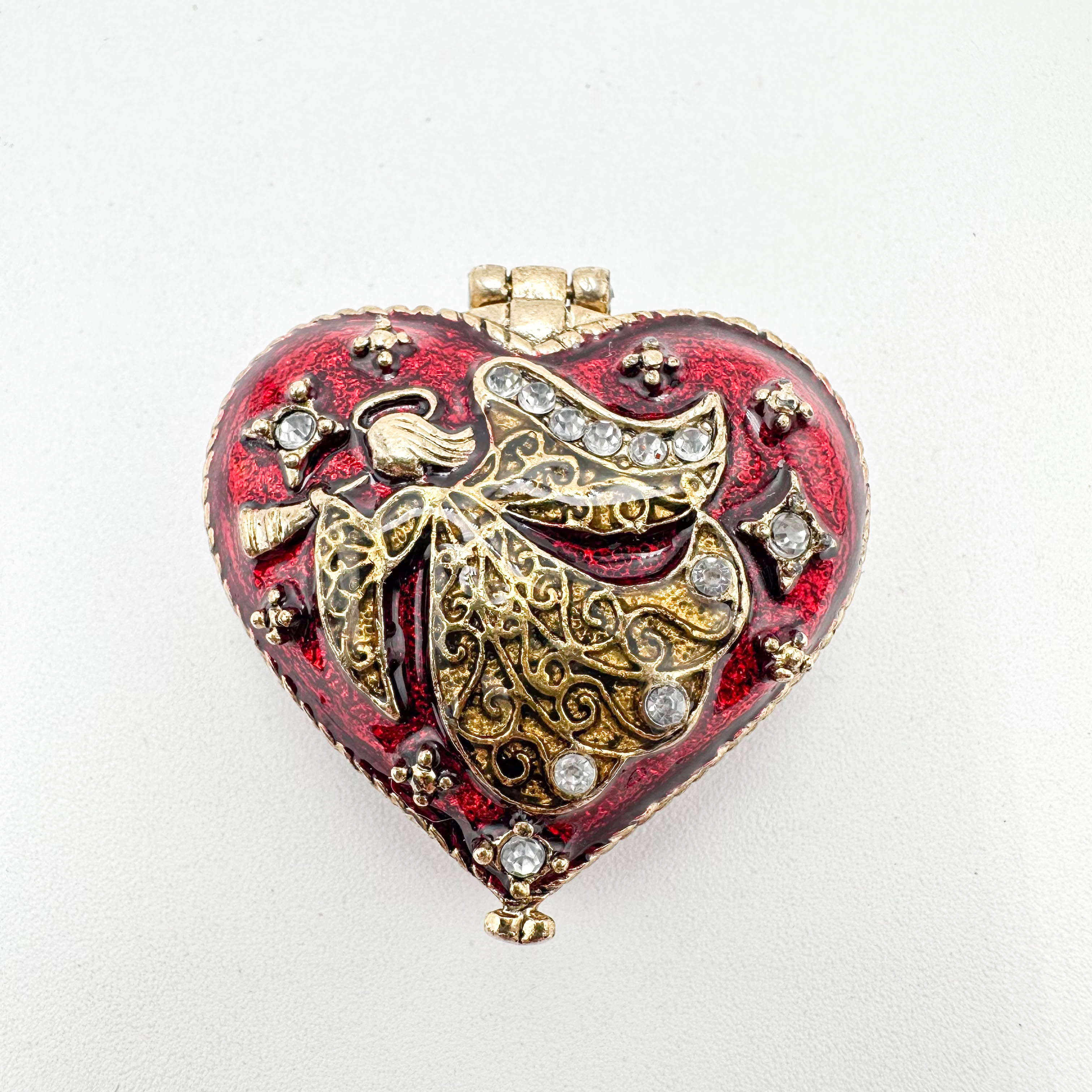 Monet Heart Angel Trinket Box Red Green Enamel Rhinestone Accent