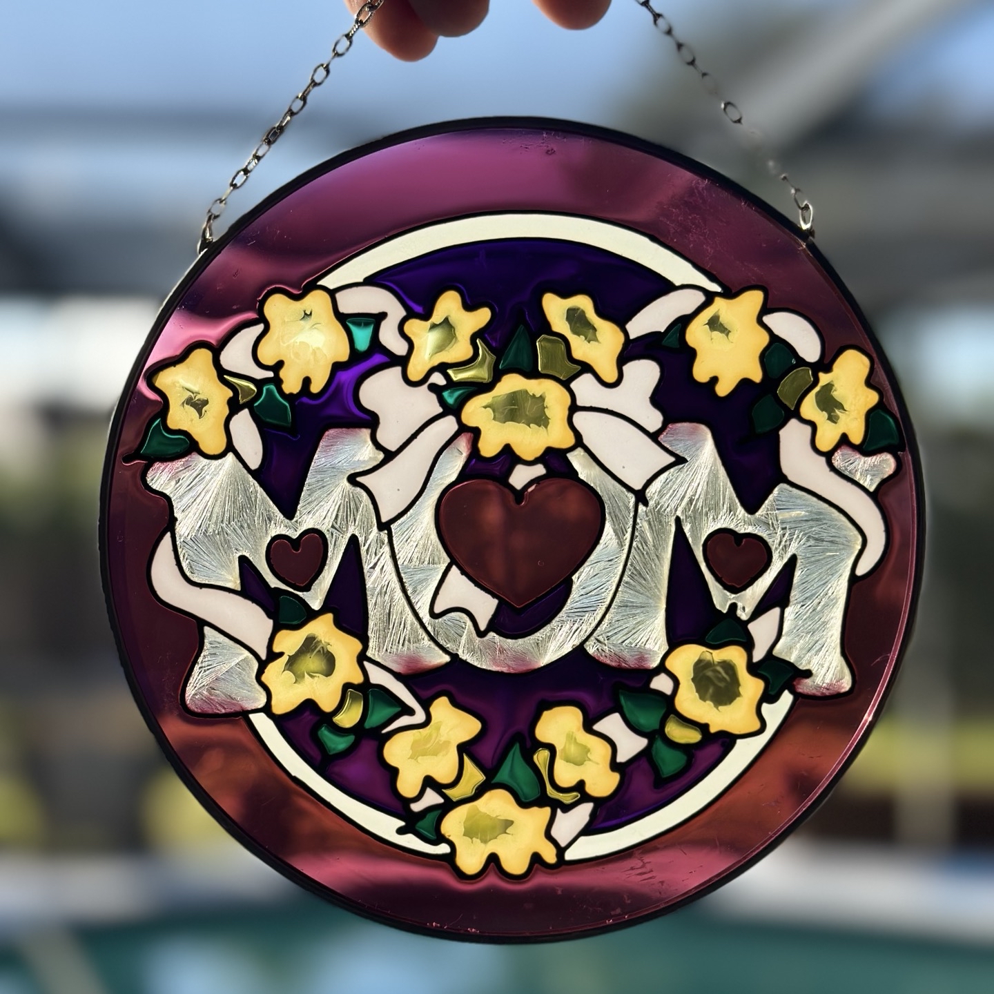 Joan Baker Hand Painted Art Glass Sun Catcher “MOM”