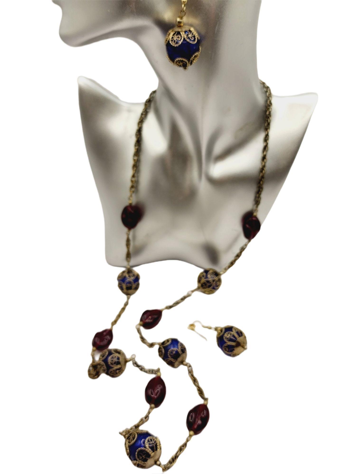 Parure De Bijoux Vintage Perles De Verre Bleues - Collier Et Boucles D'oreilles