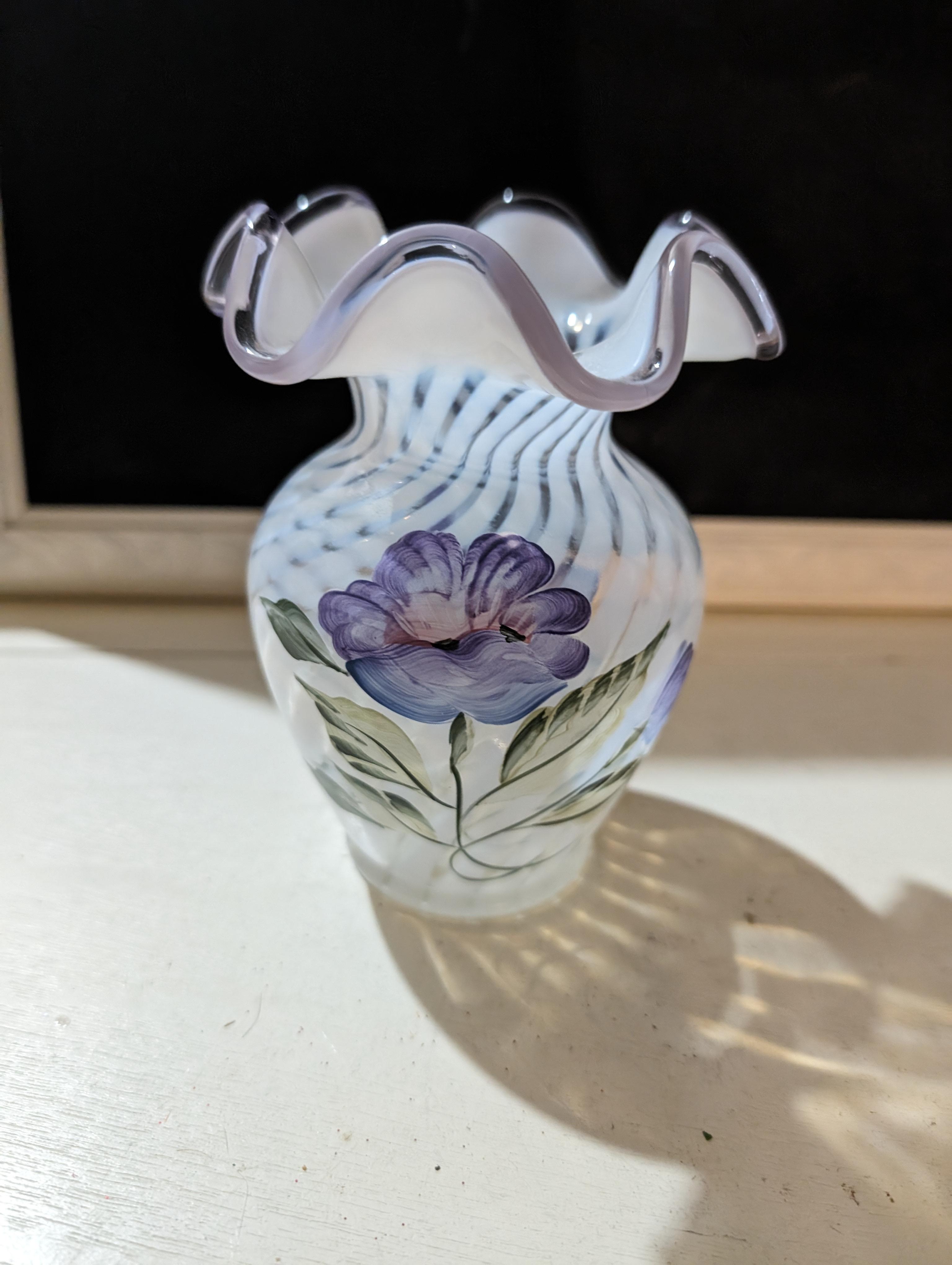 Hand Blown And Painted Fenton Clear And Opalescent Glass Vase with ...