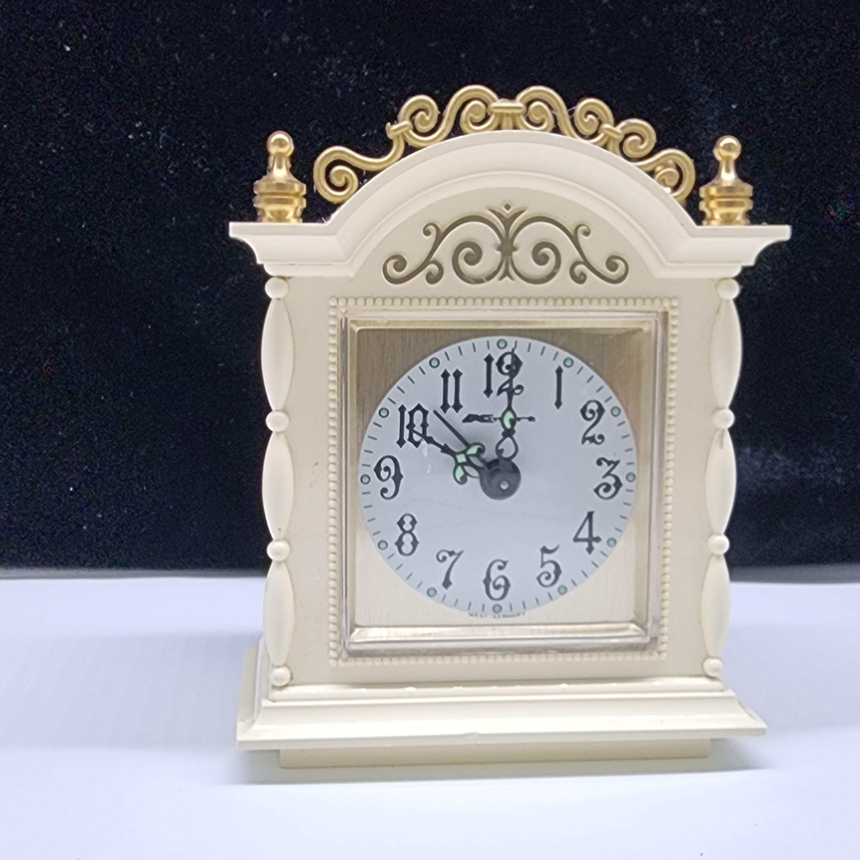 Kmart West Germany WindUp Alarm Clock Ornate White Plastic Gold Trim Working VTG