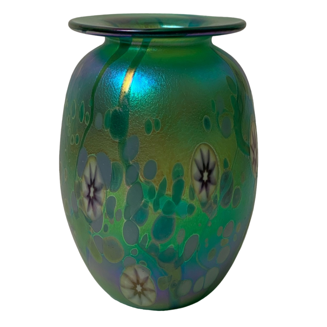2002 Jim Bush Art Glass Iridescent 6” Vase