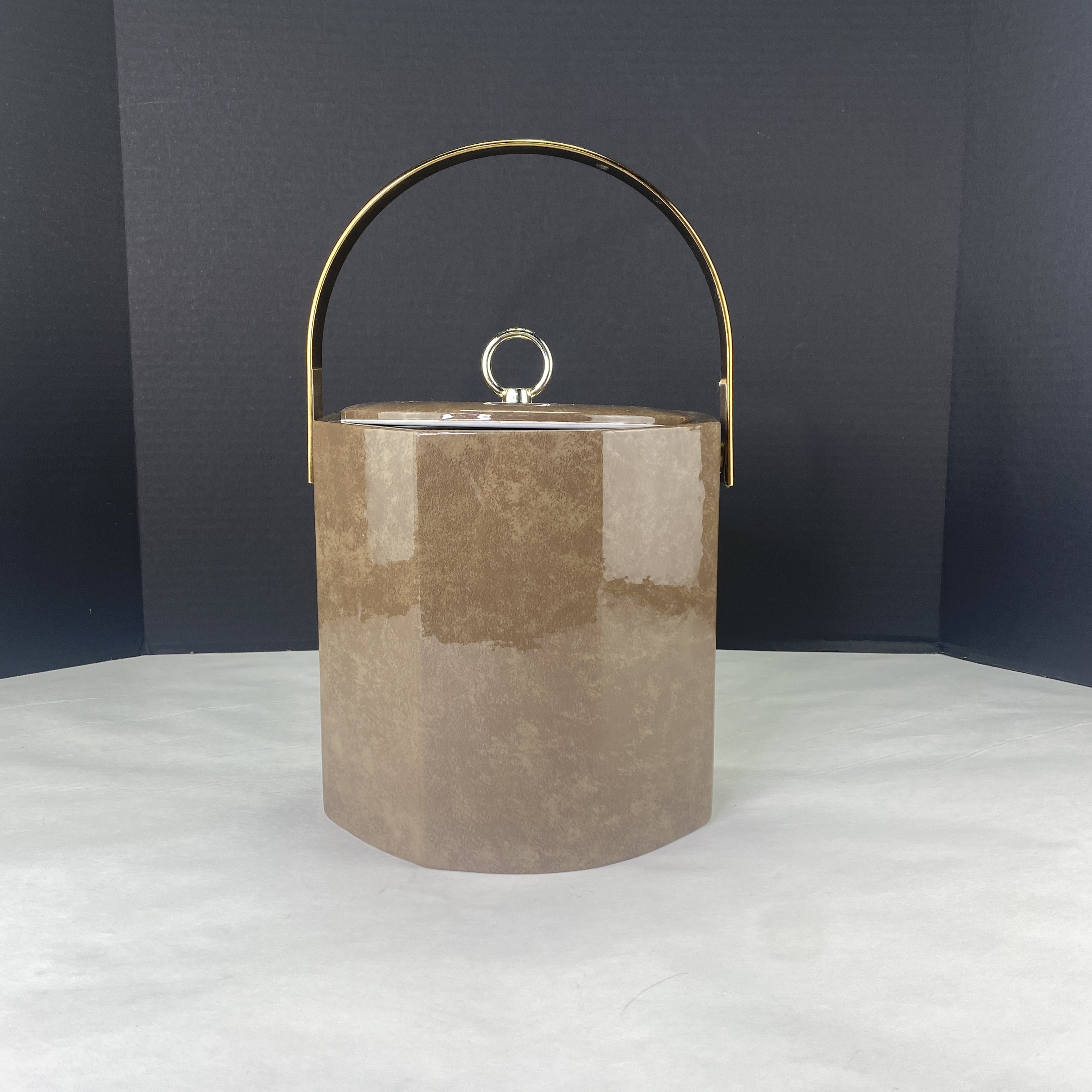 Vintage MCM Octagon Vinyl Ice Bucket with Handle Brown and Gold